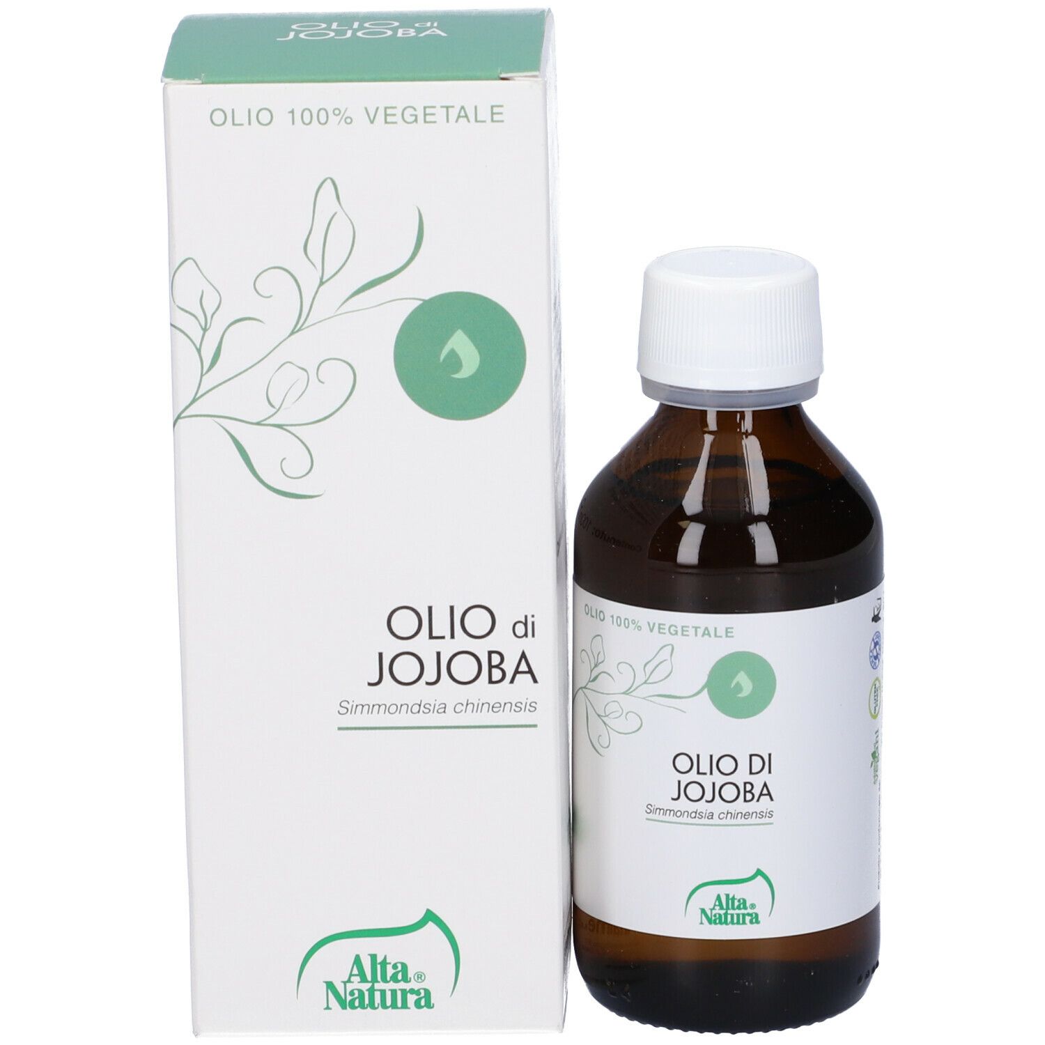 Flacone in vetro marrone e scatola. Scritta: Olio di Jojoba, Alta Natura. Con tappo bianco.