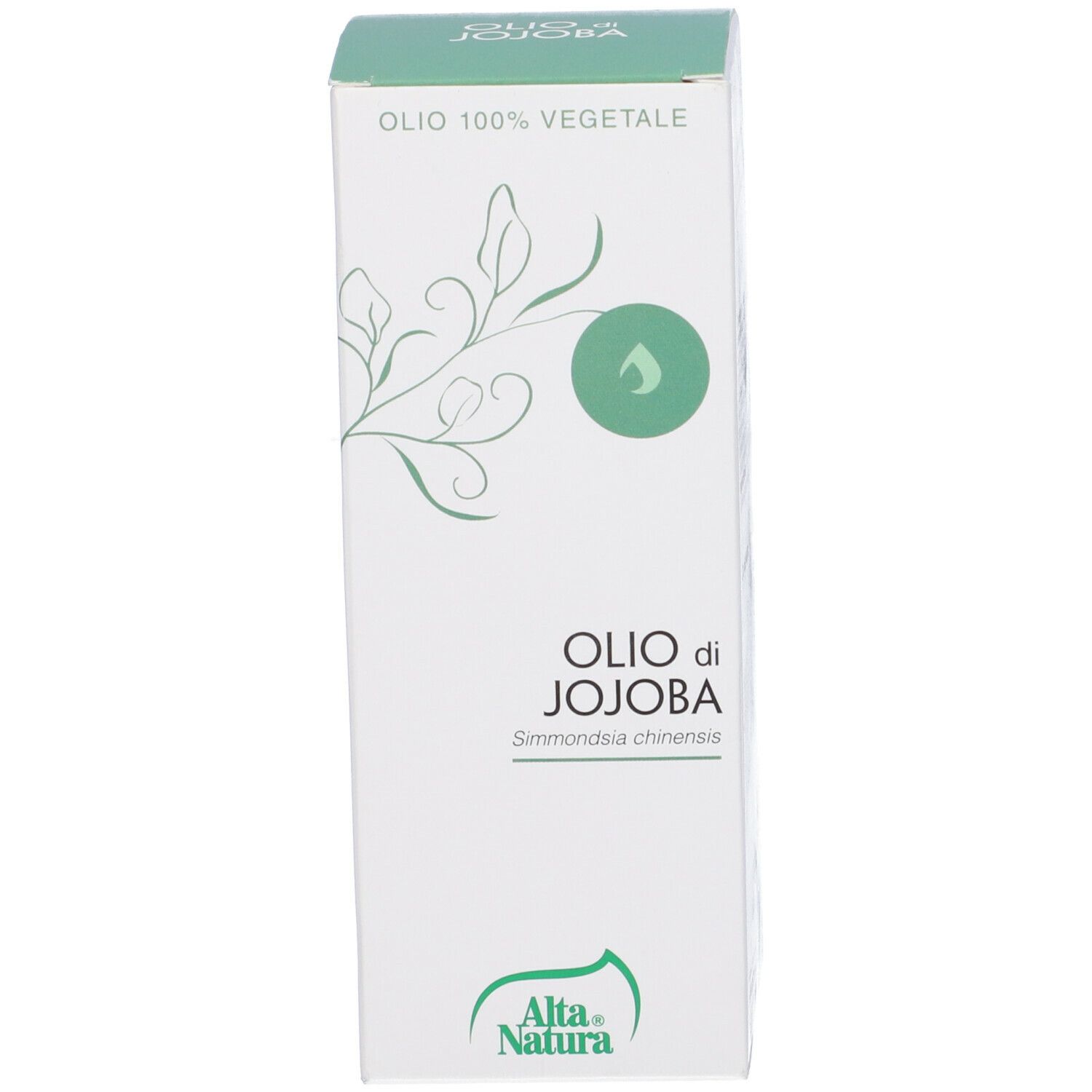 Scatola di cartone. Scritta: Olio di Jojoba, Alta Natura. Con decorazione verde.