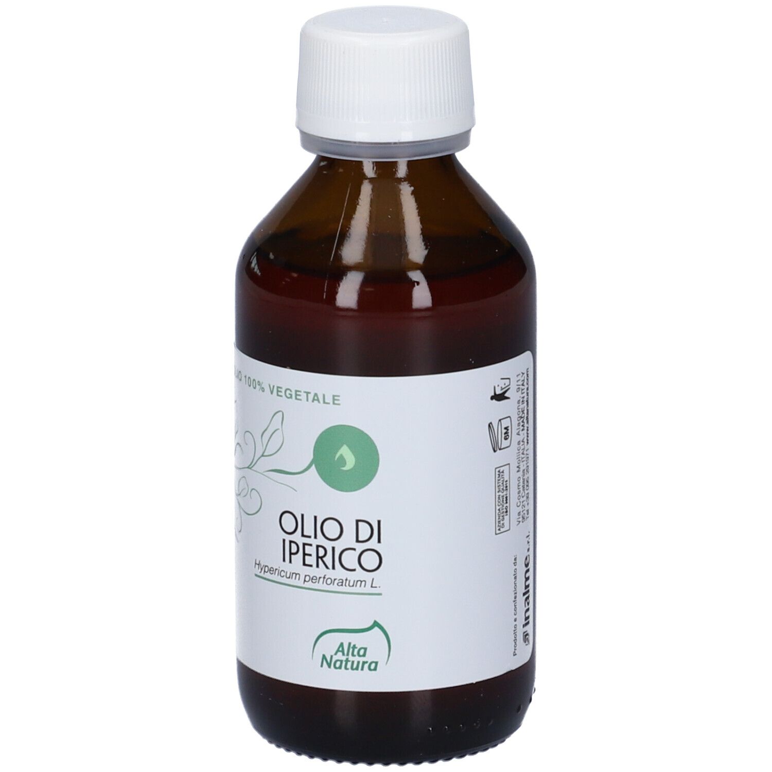 Flacone di vetro marrone con tappo bianco. Etichetta con nome del prodotto: Olio di Iperico. Marchio: Alta Natura. Design verde e bianco.