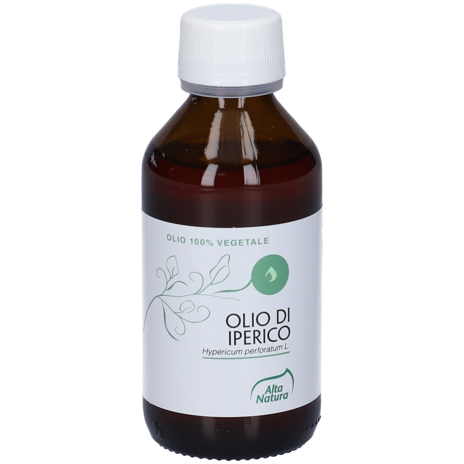 Flacone di vetro marrone con tappo bianco. Etichetta con nome del prodotto: Olio di Iperico. Marchio: Alta Natura. Design verde e bianco.