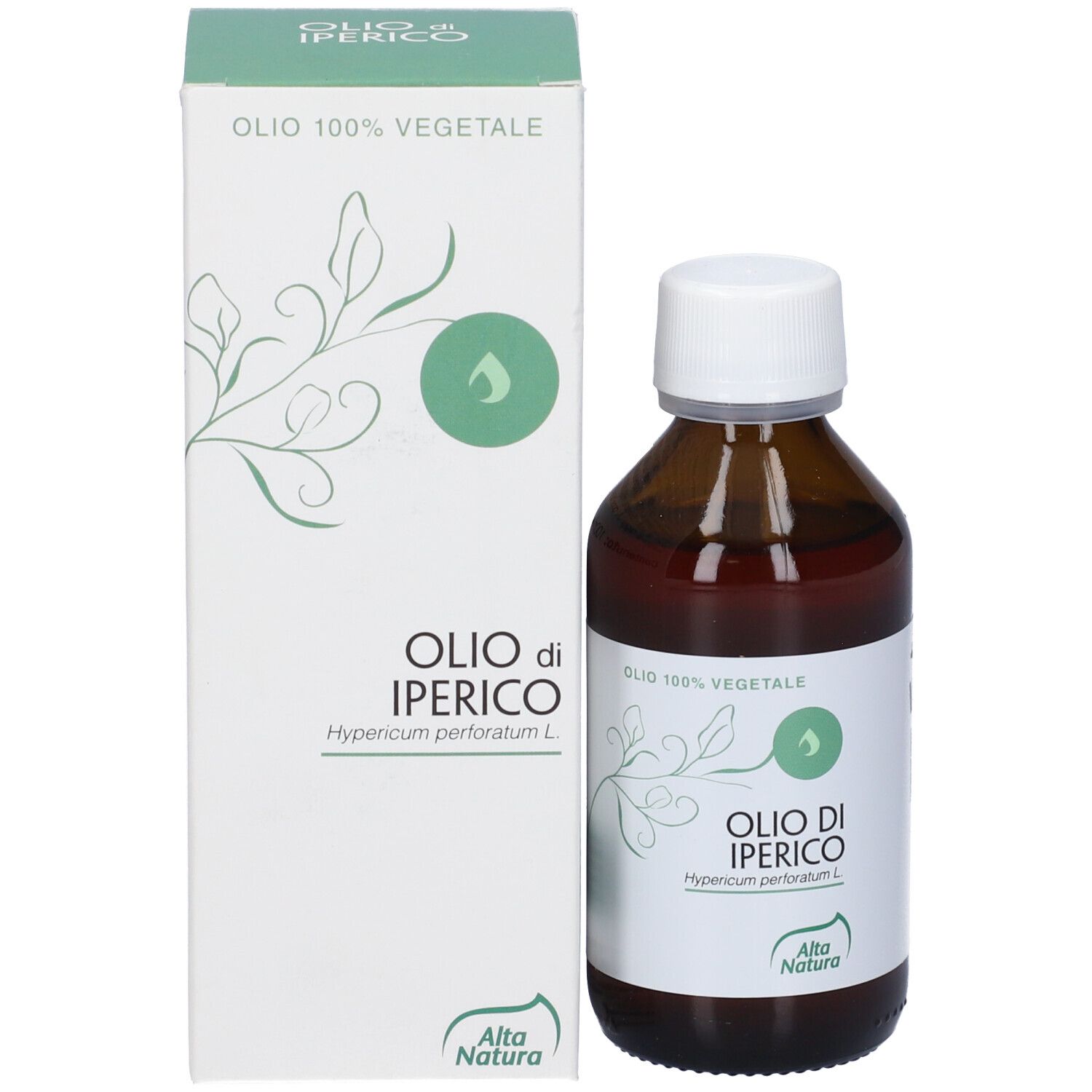 Flacone di vetro marrone con tappo bianco e confezione. Nome del prodotto: Olio di Iperico. Marchio: Alta Natura. Design verde e bianco.