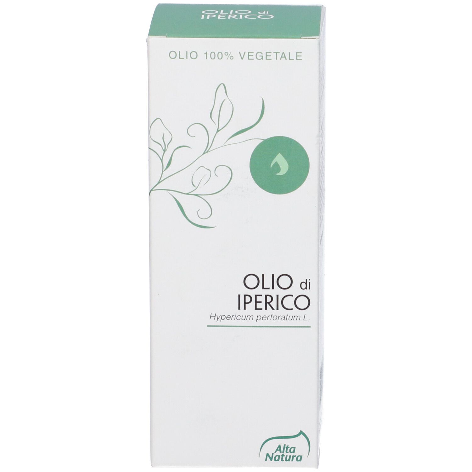 Confezione bianca con nome del prodotto: Olio di Iperico. Marchio: Alta Natura. Design verde e bianco. Flacone non visibile.