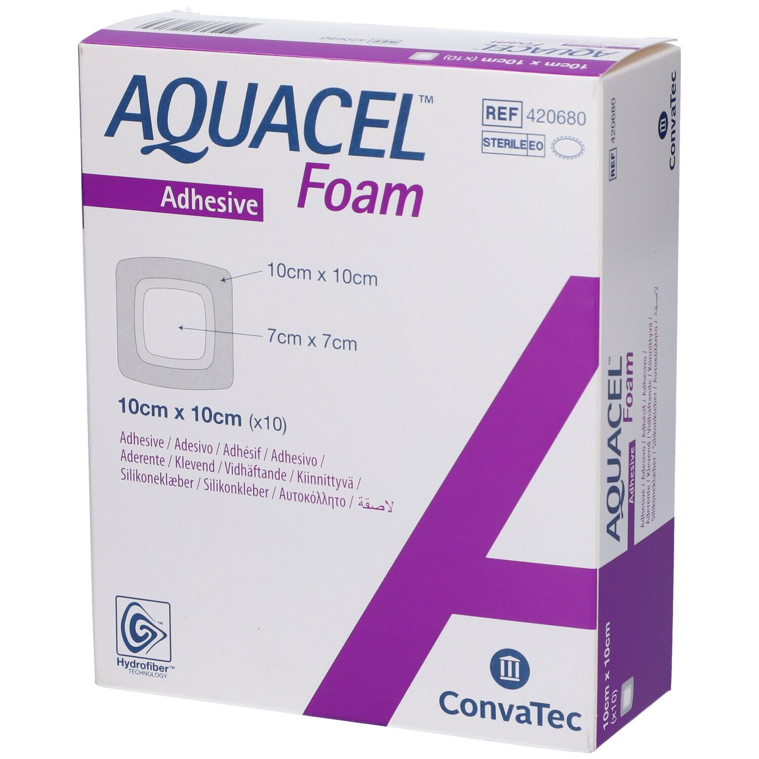Confezione AQUACEL Foam Adhesive, 10x10 cm. Forma quadrata con dimensioni. Marchio Convatec.