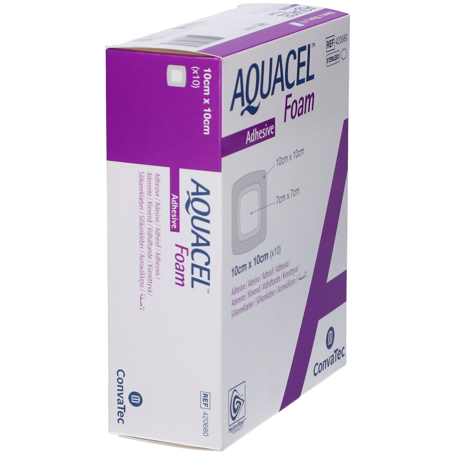 Confezione AQUACEL Foam Adhesive, 10x10 cm. Forma quadrata con dimensioni. Marchio Convatec.