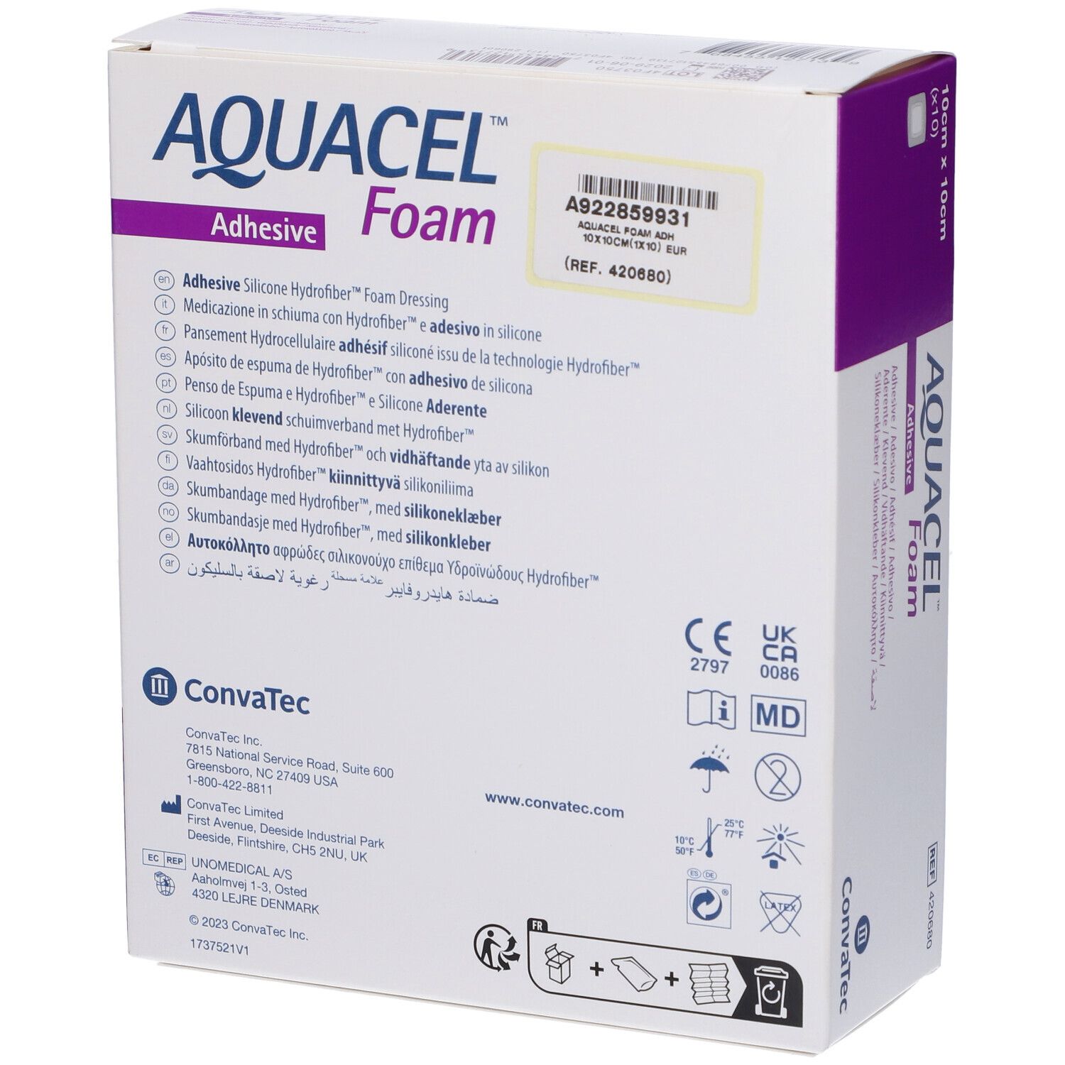 Confezione AQUACEL Foam Adhesive, 10x10 cm. Retro con testo e loghi. Marchio Convatec.
