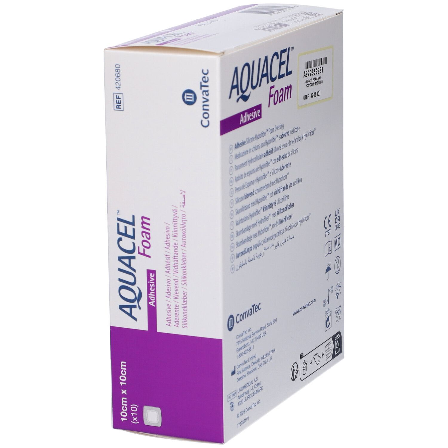 Confezione AQUACEL Foam Adhesive, 10x10 cm. Vista laterale con testo e loghi. Marchio Convatec.