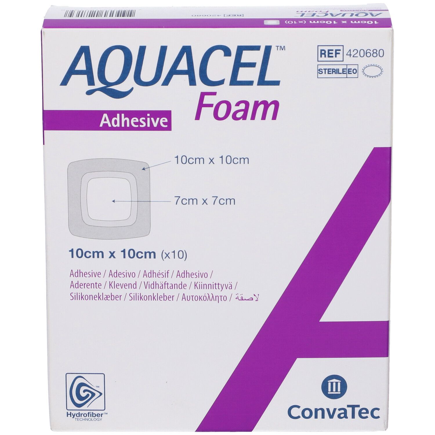 Confezione AQUACEL Foam Adhesive, 10x10 cm. Forma quadrata con dimensioni. Marchio Convatec.