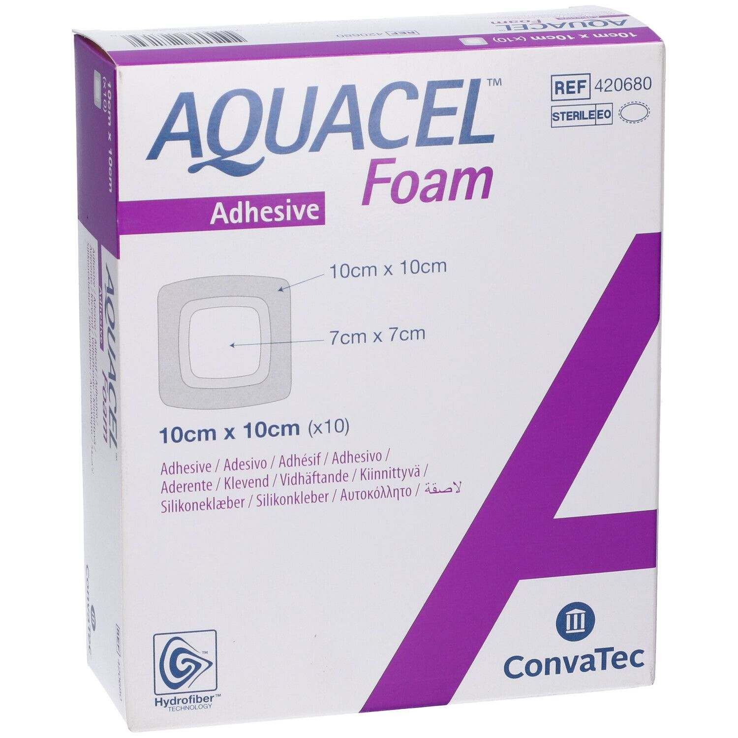 Confezione AQUACEL Foam Adhesive, 10x10 cm. Forma quadrata con dimensioni. Marchio Convatec.