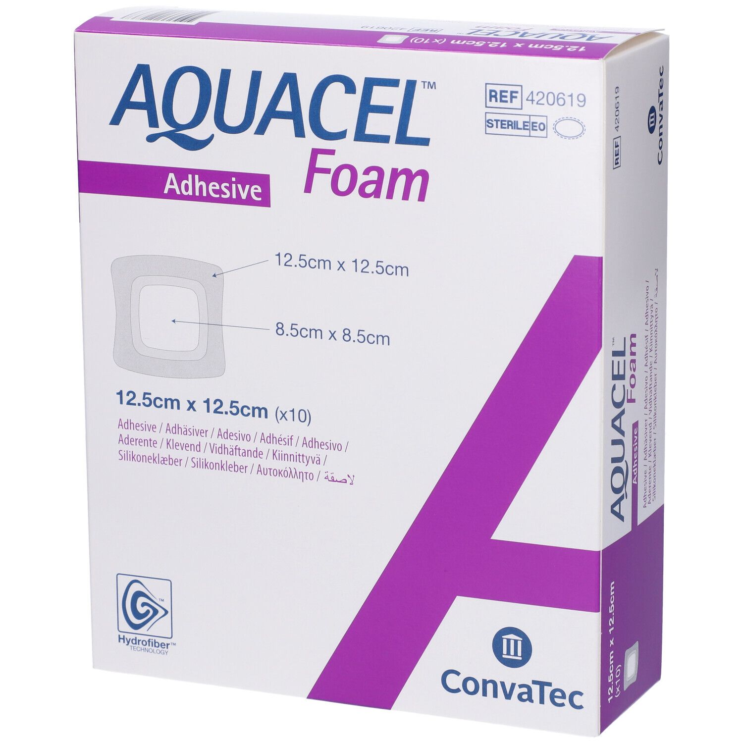 Confezione di AQUACEL Foam Adhesive. Contiene 10 pezzi. Dimensioni: 12,5 x 12,5 cm. Sterile.
