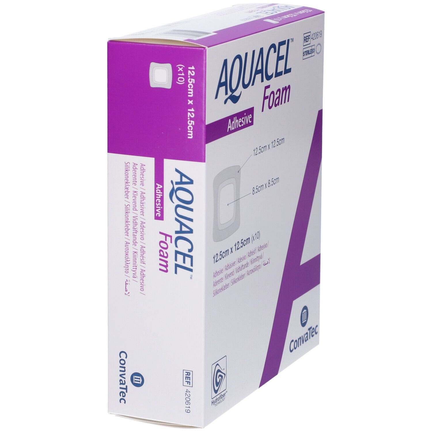 Confezione AQUACEL Foam Adhesive. Vista laterale. Contiene 10 pezzi. Dimensioni: 12,5 x 12,5 cm.