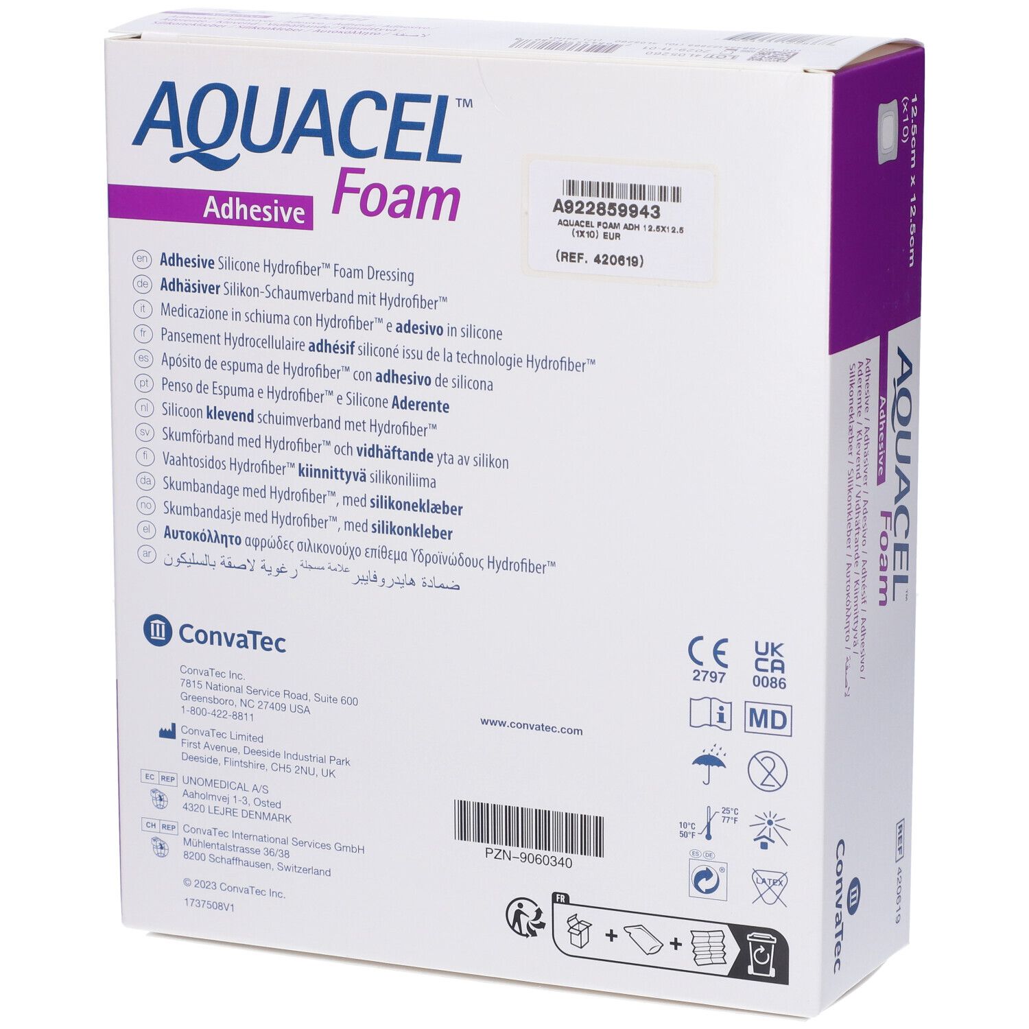 Retro della confezione AQUACEL Foam Adhesive. Informazioni e certificazioni.