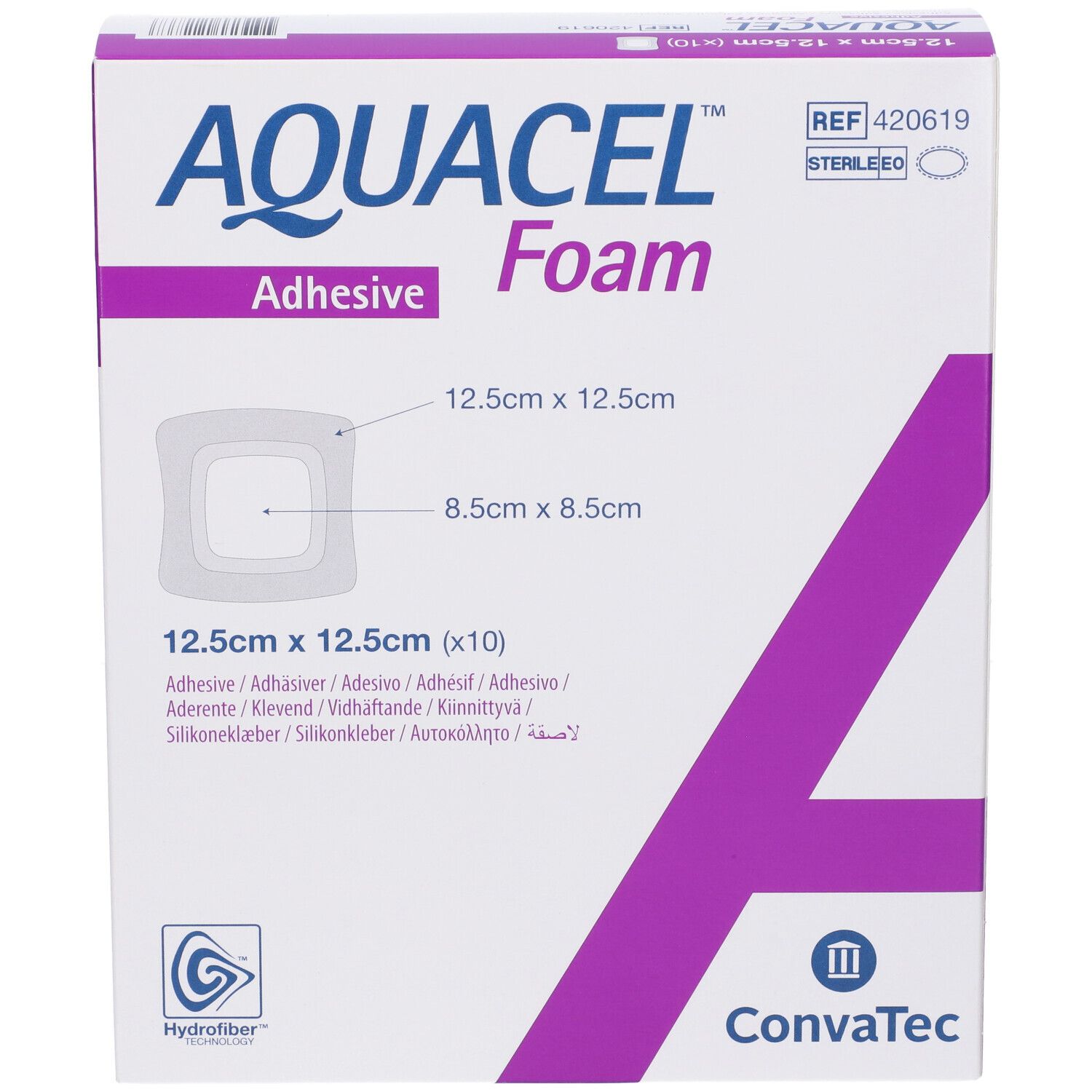 Confezione AQUACEL Foam Adhesive. Vista frontale. Dimensioni: 12,5 x 12,5 cm. Contiene 10 pezzi.
