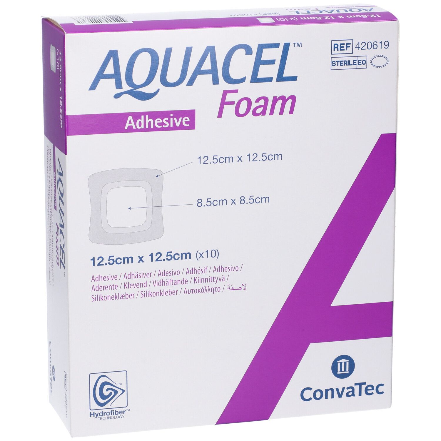 Confezione AQUACEL Foam Adhesive. Vista frontale. Dimensioni: 12,5 x 12,5 cm. Contiene 10 pezzi.