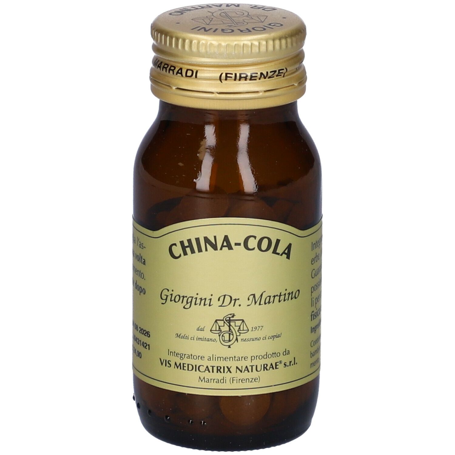 Flacone di vetro marrone con tappo dorato. Scritta: China-Cola, Giorgini Dr. Martino. Etichetta con informazioni.