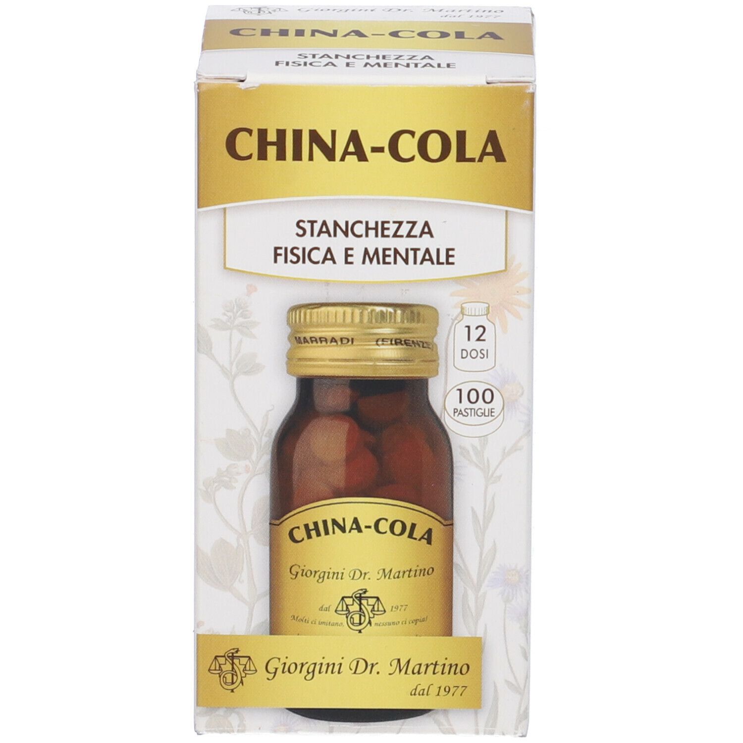 Scatola con flacone China-Cola. Scritta: China-Cola, Giorgini Dr. Martino, 100 pastiglie, Stanchezza fisica e mentale.