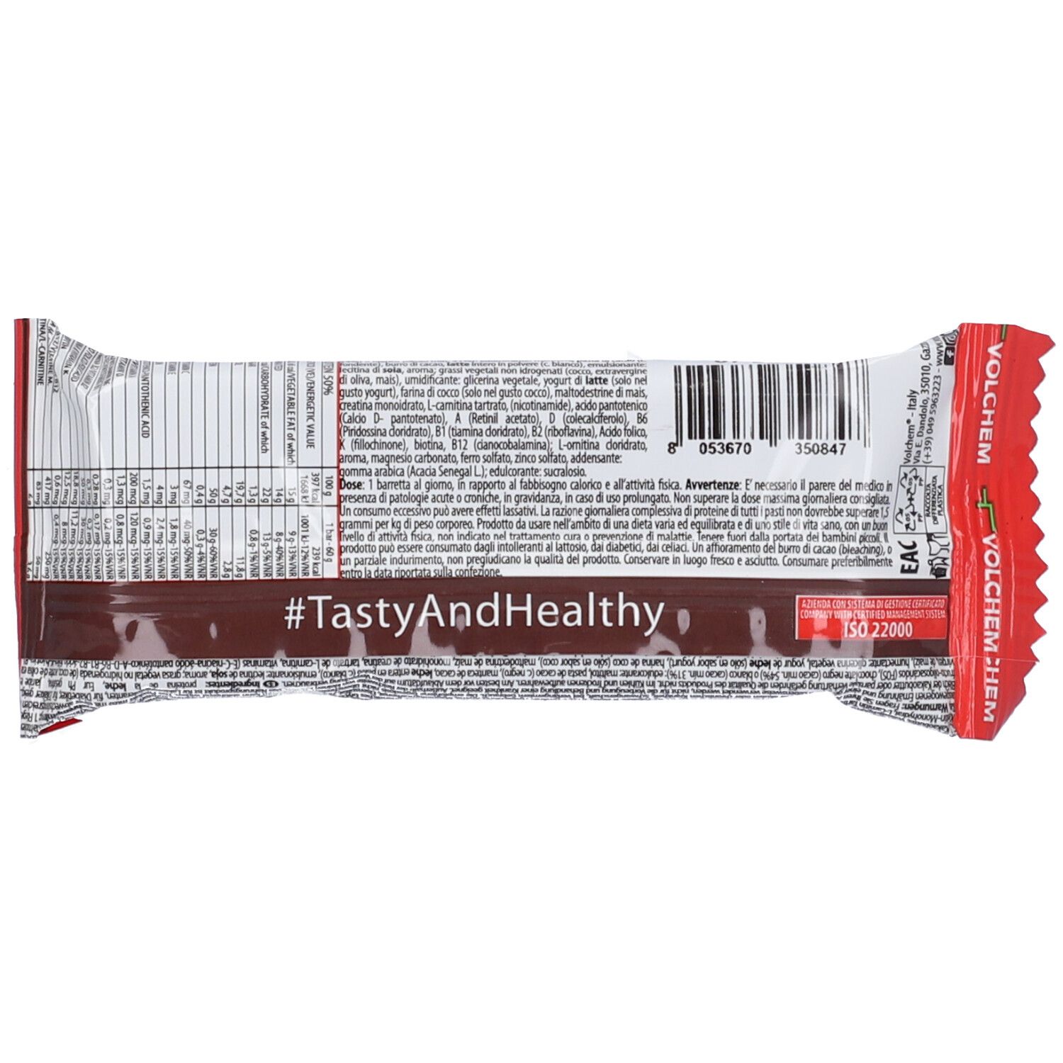 Confezione barretta PROMEAL PROTEIN, retro. Contiene informazioni nutrizionali, codice a barre e testo. Certificazione ISO 22000.