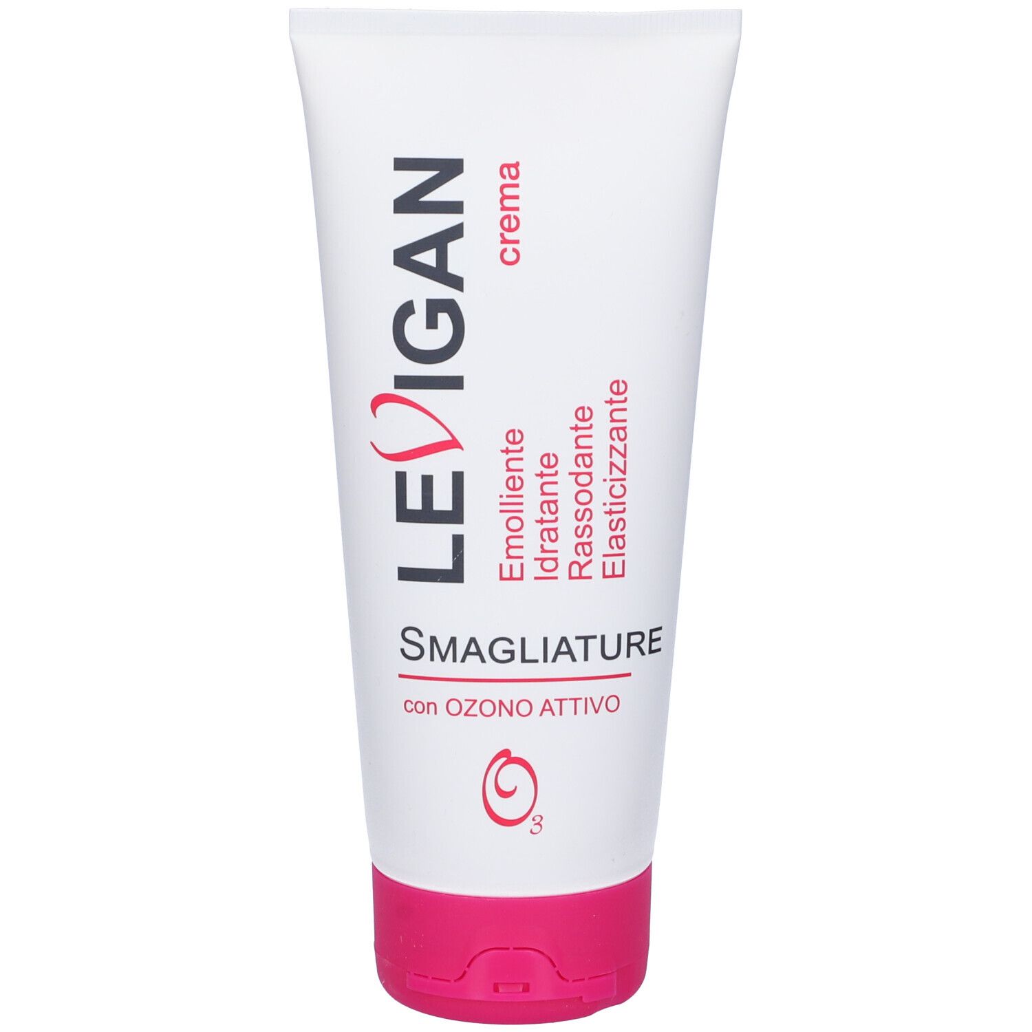 Tubo bianco con tappo rosa. Scritta: LEVIGAN, Crema, Smagliature.