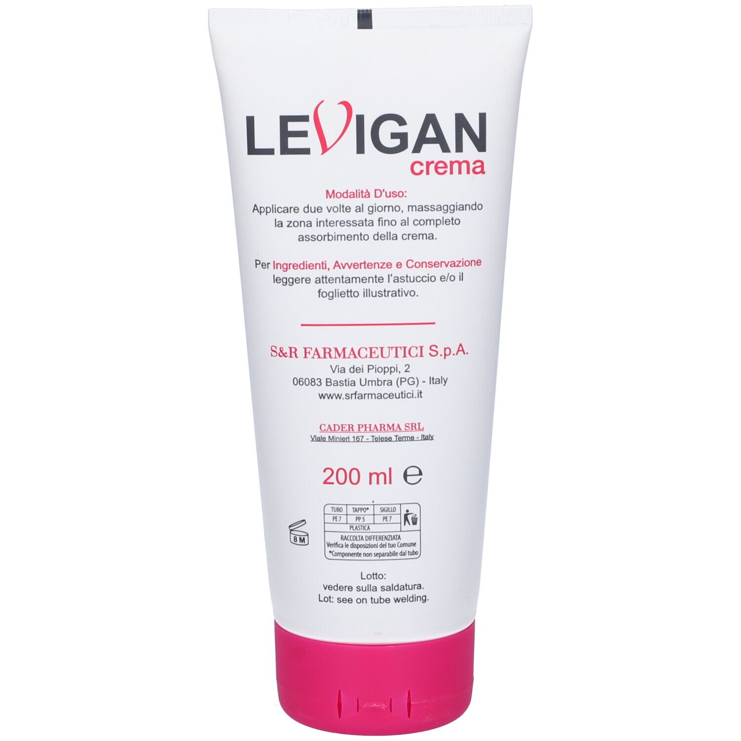 Tubo bianco con tappo rosa. Scritta: LEVIGAN, Crema, Smagliature, 200 ml.