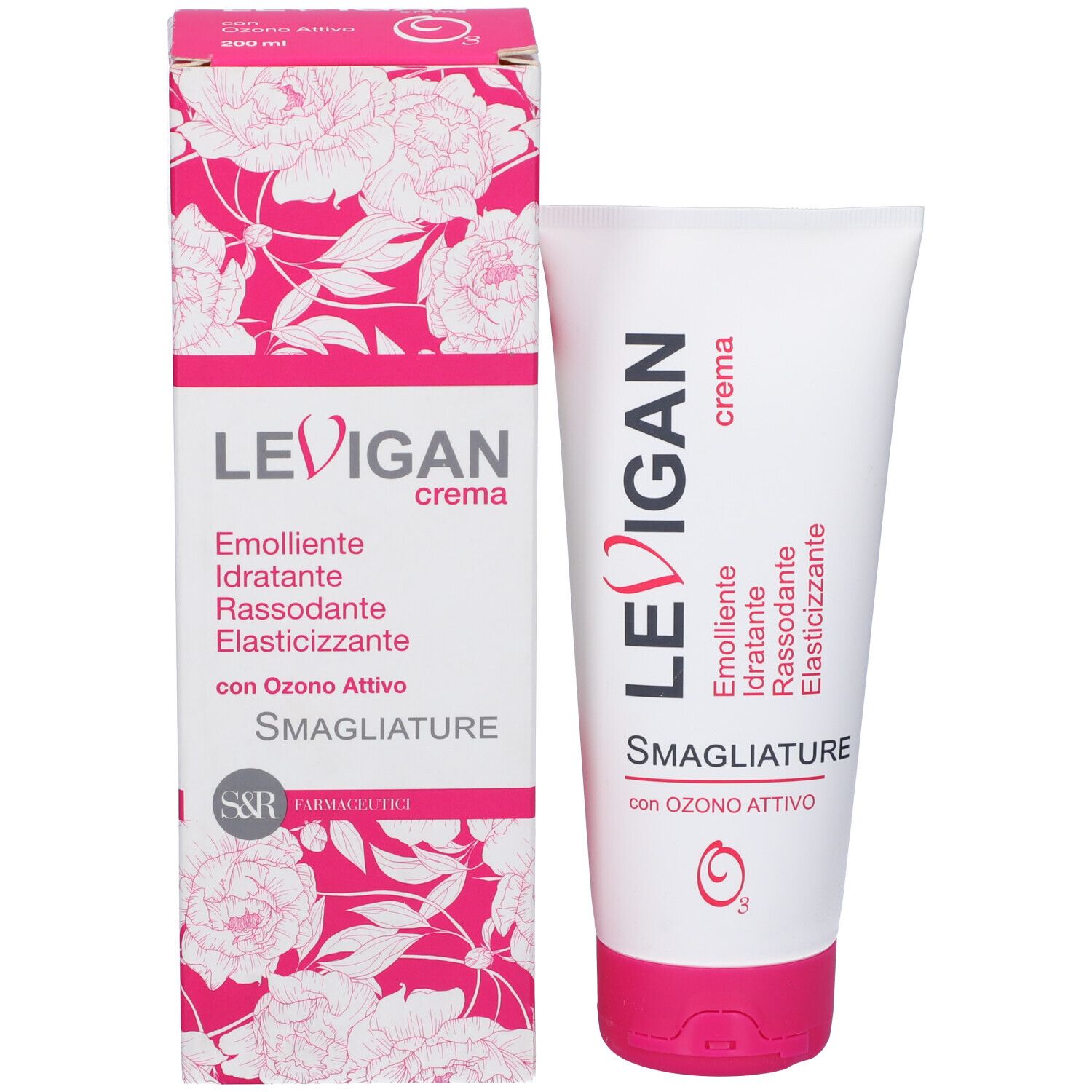 Tubo bianco e scatola. Scritta: LEVIGAN, Crema, Smagliature, 200 ml.