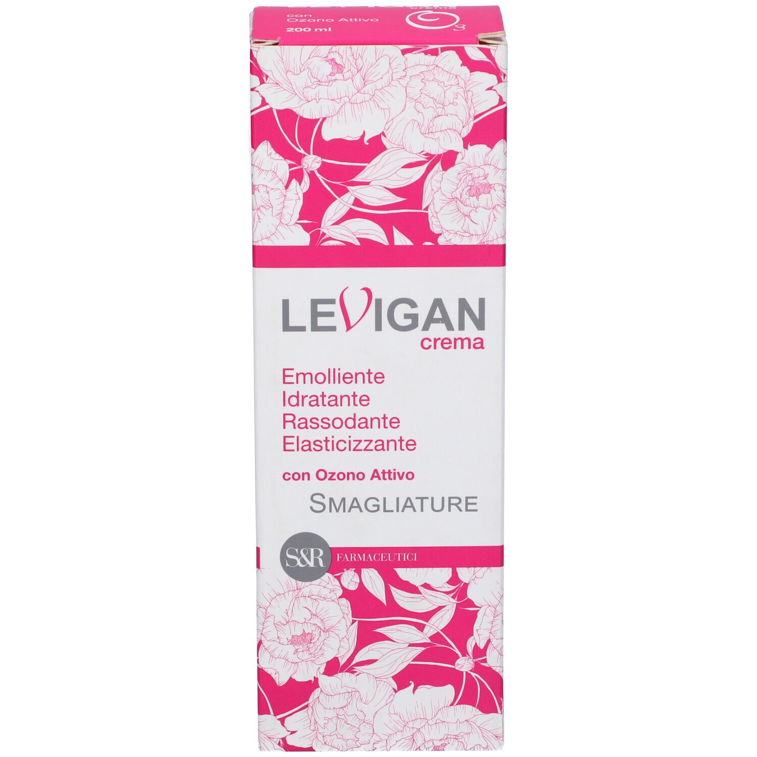 Scatola con scritta: LEVIGAN, Crema, Smagliature. Motivo floreale rosa.