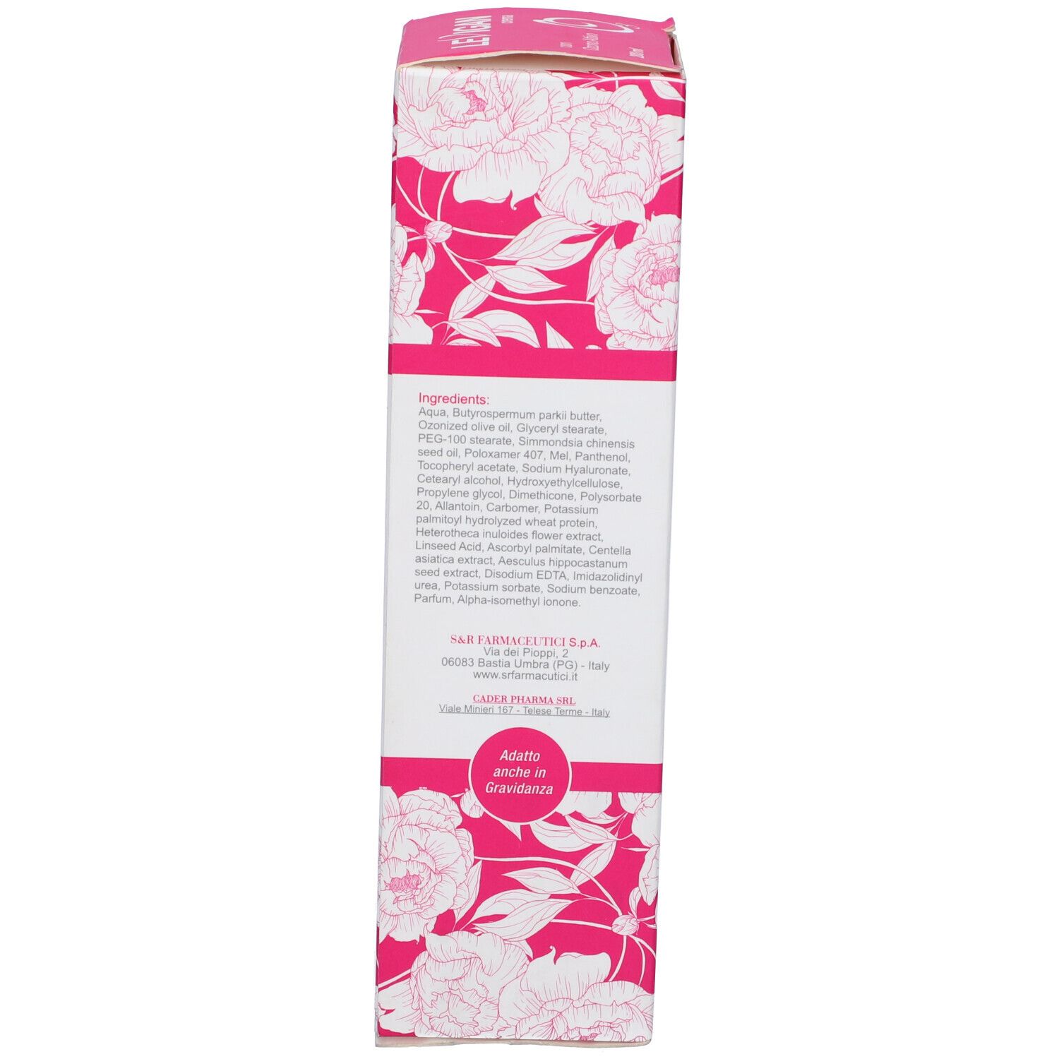 Scatola con ingredienti. Scritta: LEVIGAN, Crema, Smagliature. Motivo floreale rosa.