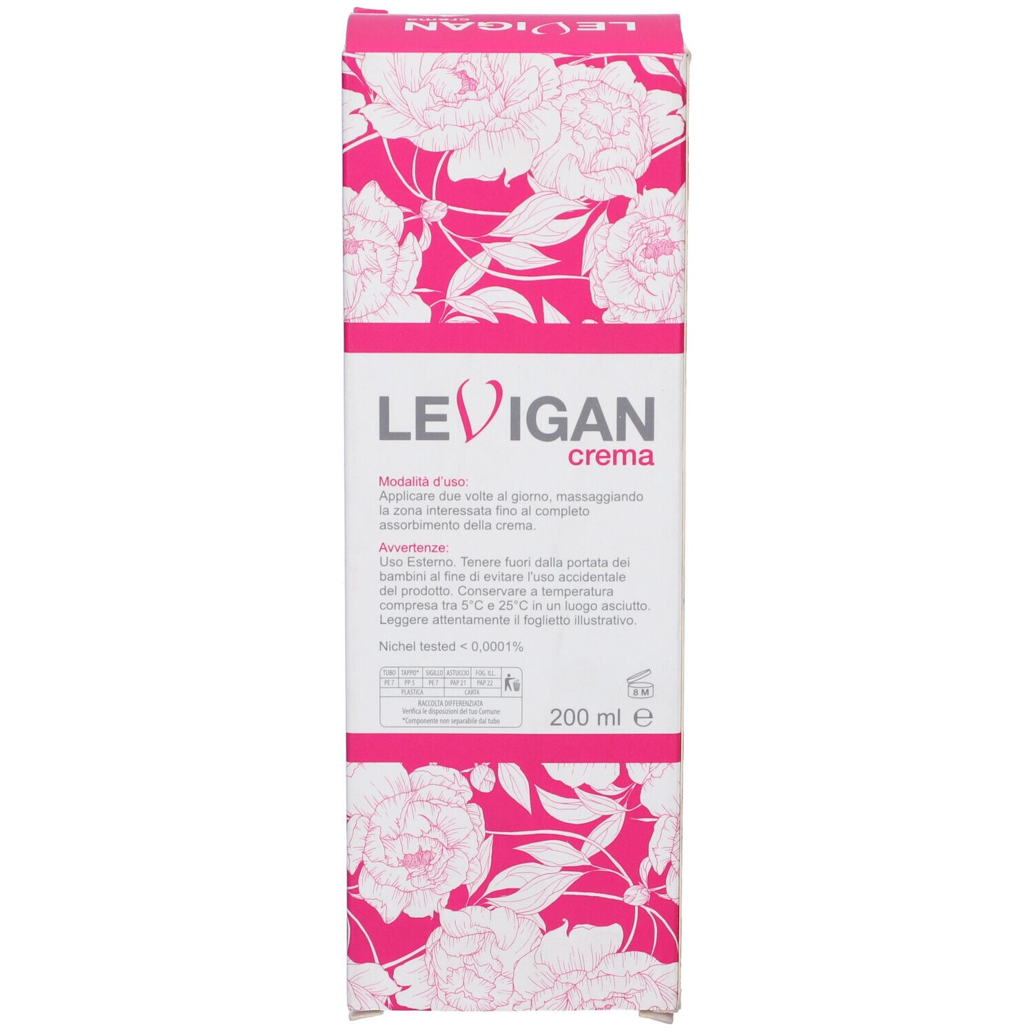 Scatola con istruzioni per l'uso. Scritta: LEVIGAN, Crema, Smagliature. 200 ml.