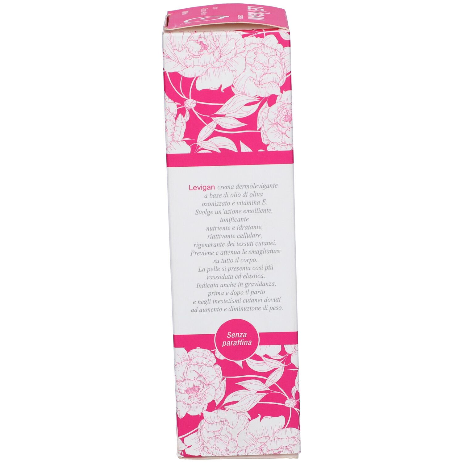 Scatola con descrizione del prodotto. Scritta: LEVIGAN, Crema, Smagliature. Motivo floreale rosa.