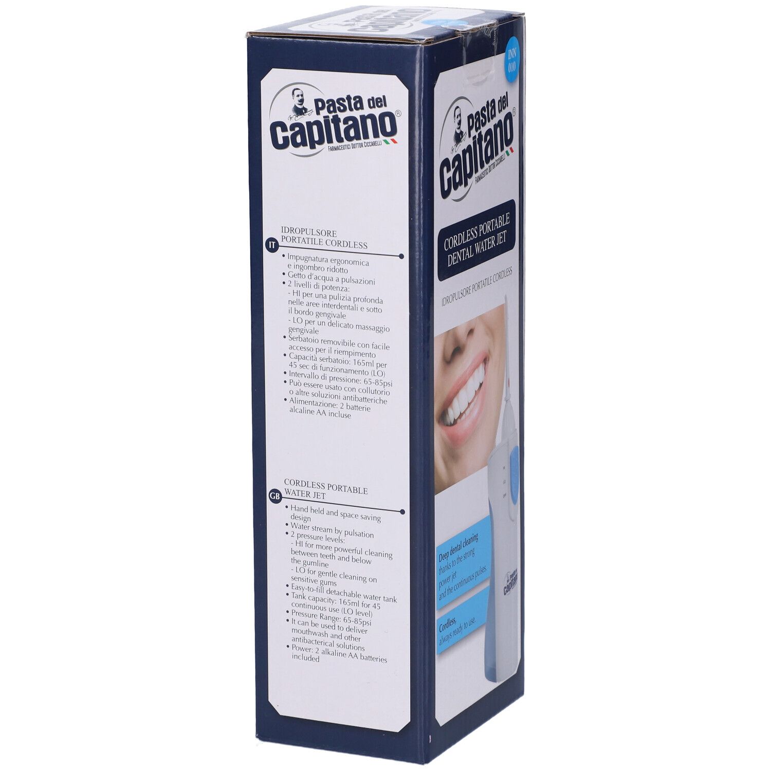 Vista laterale della confezione di Pasta del Capitano Idropulsore Portatile Cordless. Informazioni testuali sul prodotto.