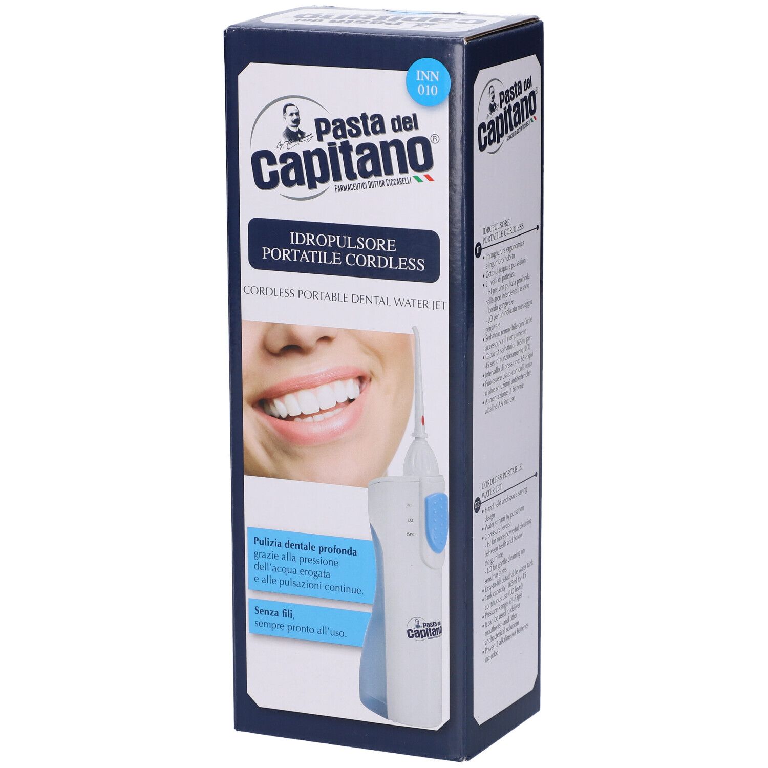 Confezione di Pasta del Capitano Idropulsore Portatile Cordless. Immagine del prodotto e testo: Idropulsore Portatile Cordless.