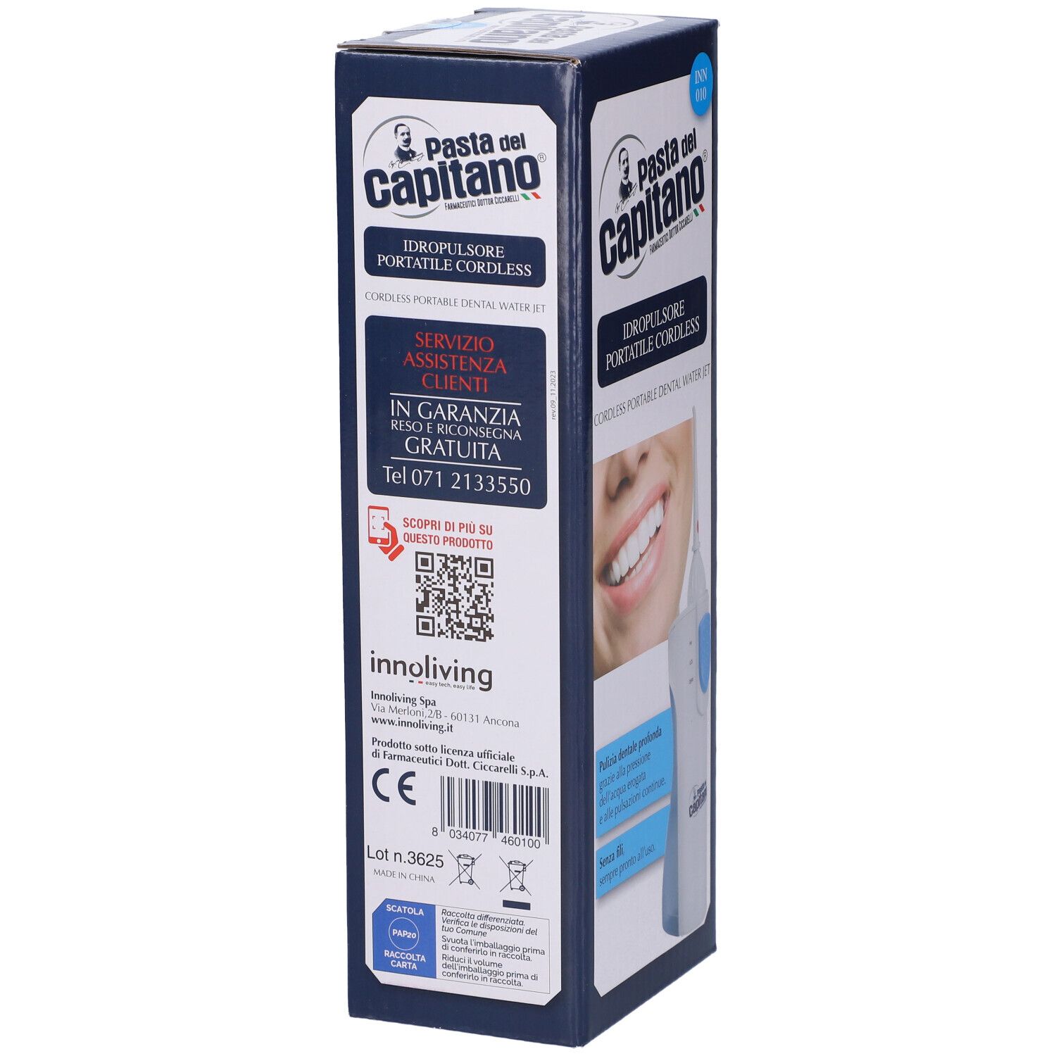 Retro della confezione di Pasta del Capitano Idropulsore Portatile Cordless. Informazioni di contatto e codice QR.