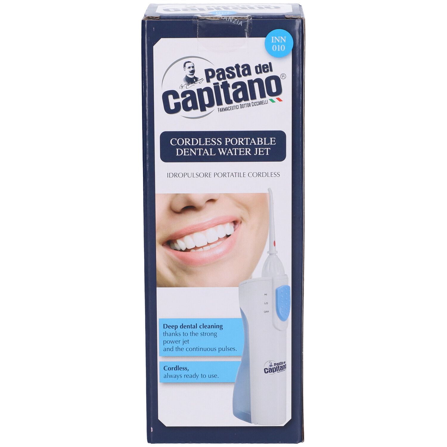 Confezione di Pasta del Capitano Idropulsore Portatile Cordless. Immagine del prodotto e testo: Cordless Portable Dental Water Jet.