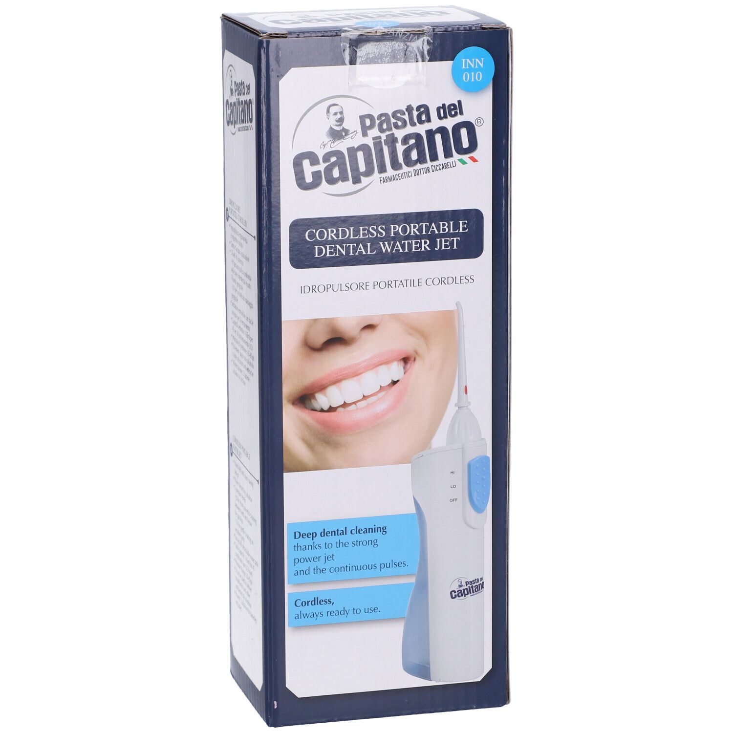 Confezione di Pasta del Capitano Idropulsore Portatile Cordless. Immagine del prodotto e testo: Cordless Portable Dental Water Jet.