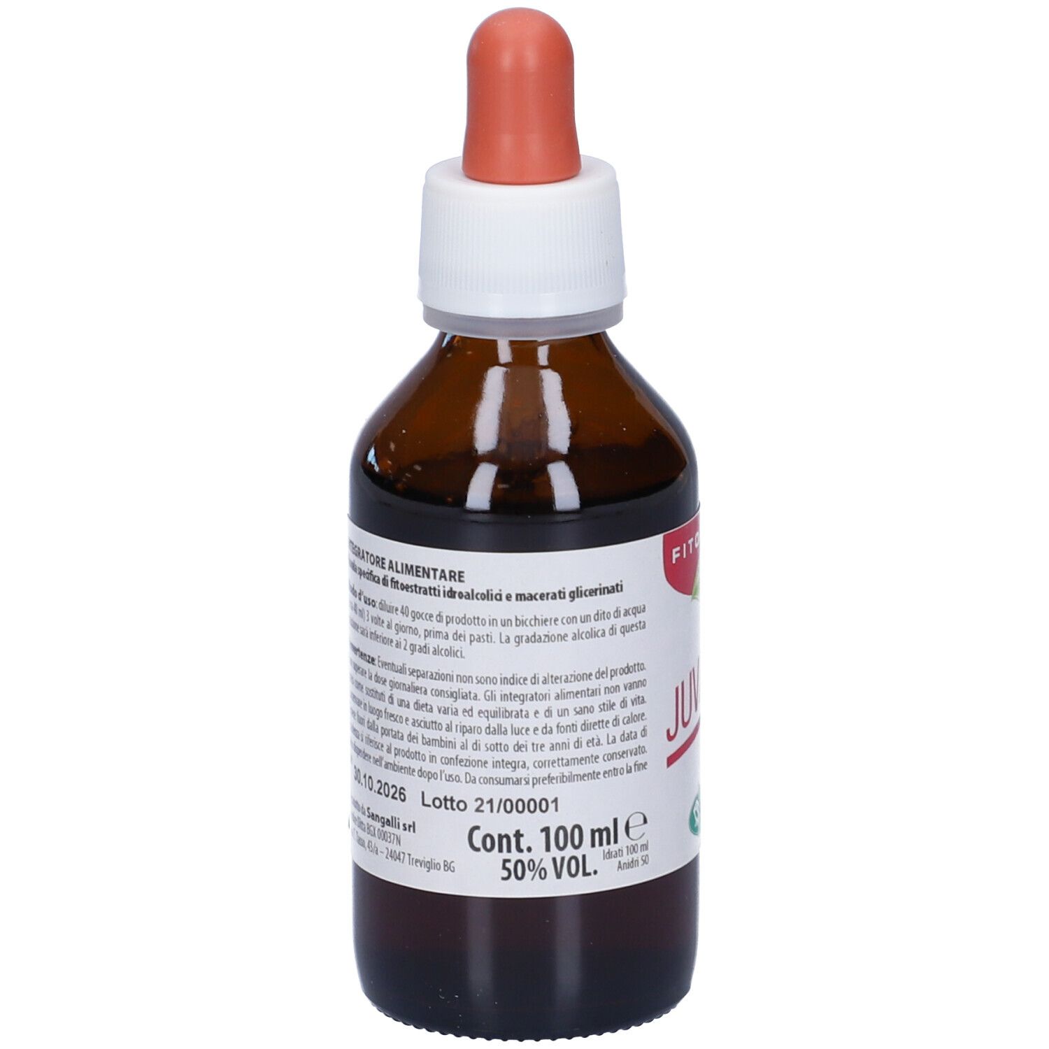 Flacone di vetro marrone con contagocce. Scritta: JUVAVEN. Etichetta con informazioni. Volume: 100 ml, 50% VOL.