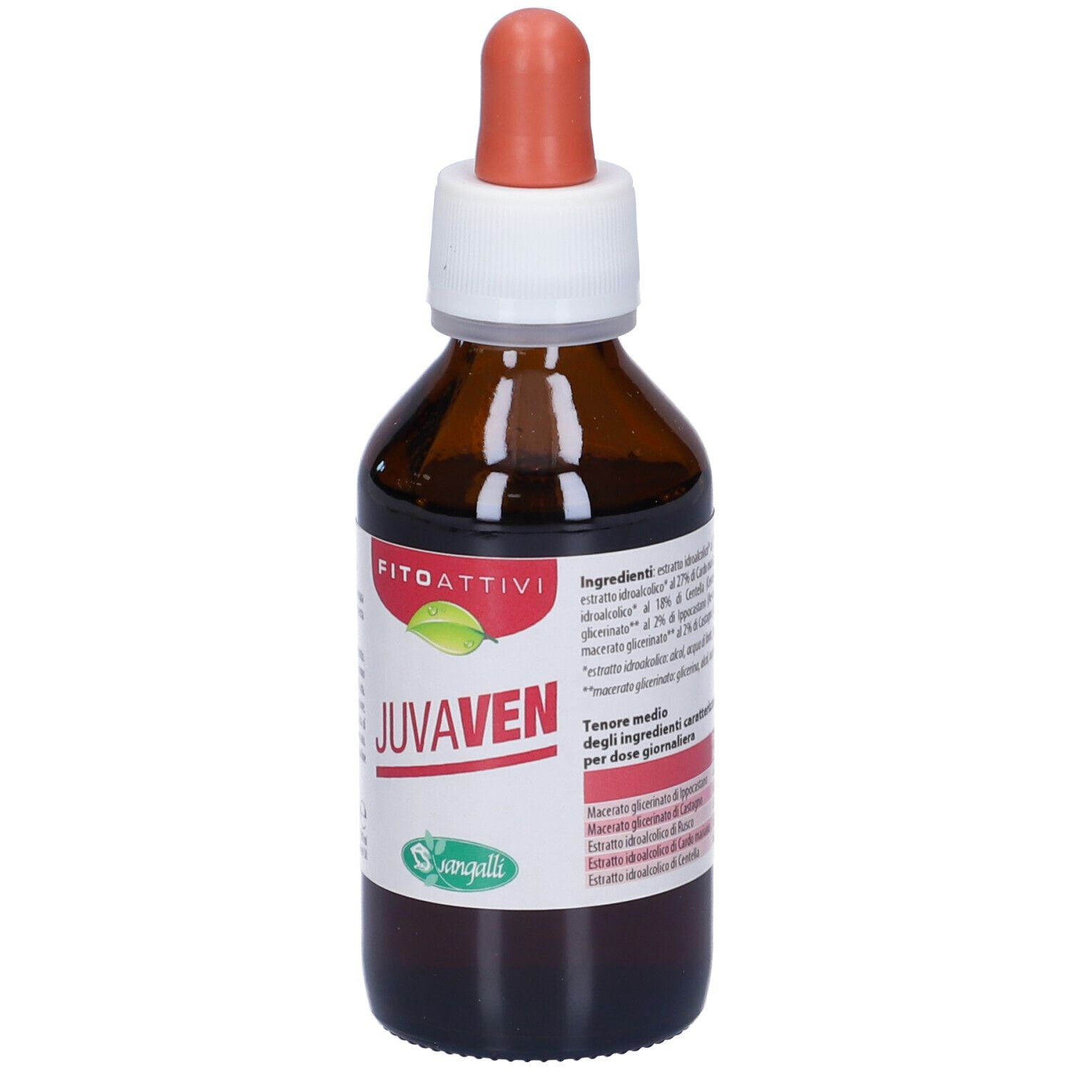 Flacone di vetro marrone con contagocce. Scritta: JUVAVEN, Fitoattivi. Logo verde. Etichetta con informazioni.