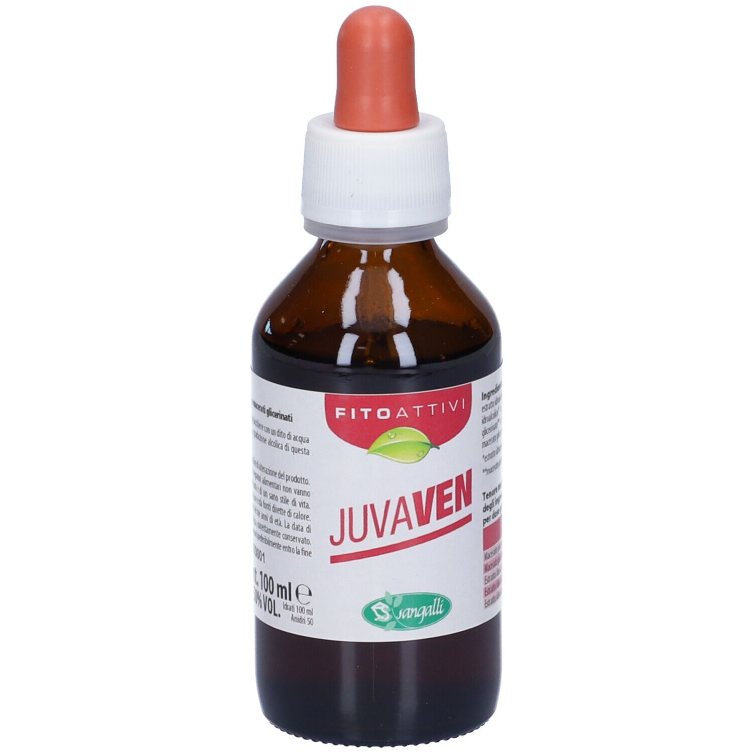Flacone di vetro marrone con contagocce. Scritta: JUVAVEN, Fitoattivi. Logo verde. Volume: 100 ml.
