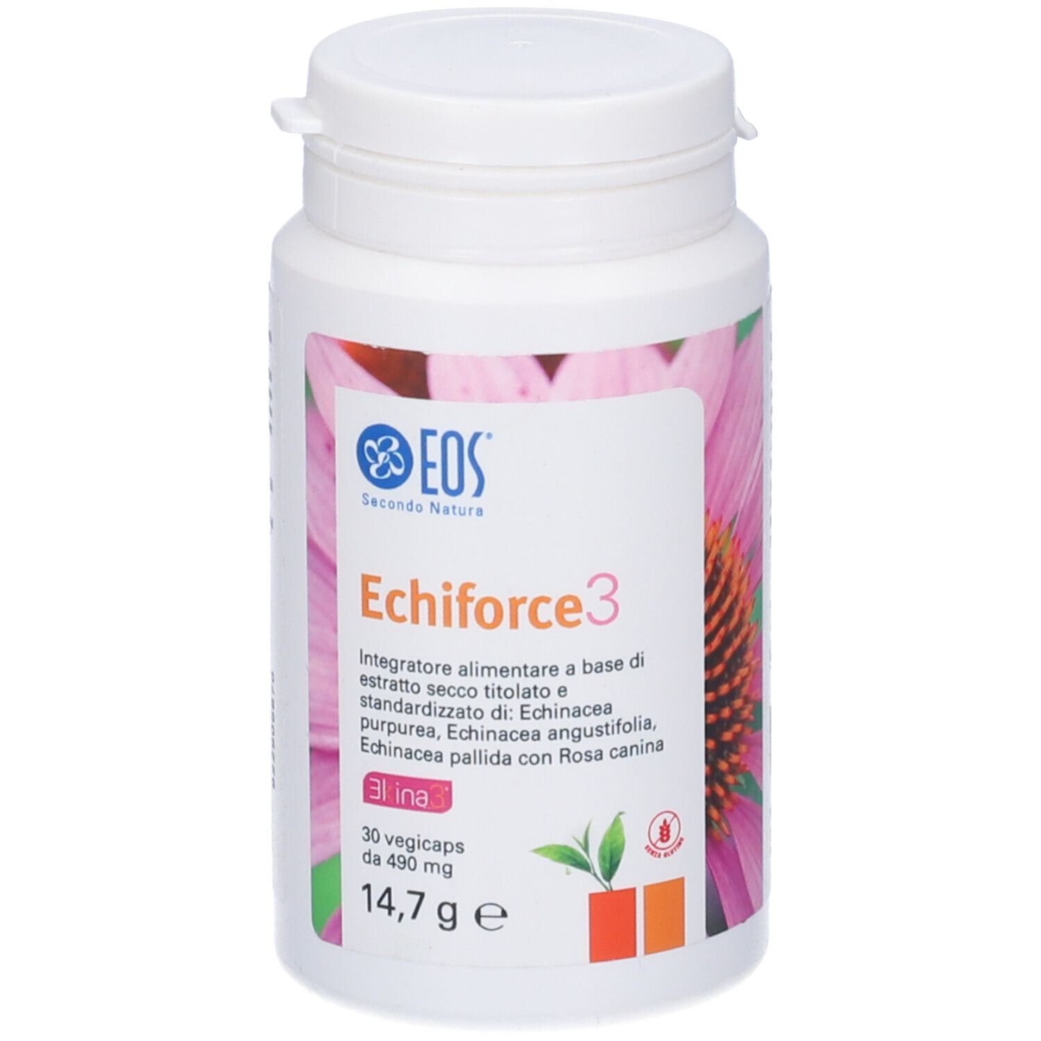 Flacone bianco con tappo a vite. Stampa: Eos Echiforce3, 30 vegicaps. Contiene estratti di echinacea.