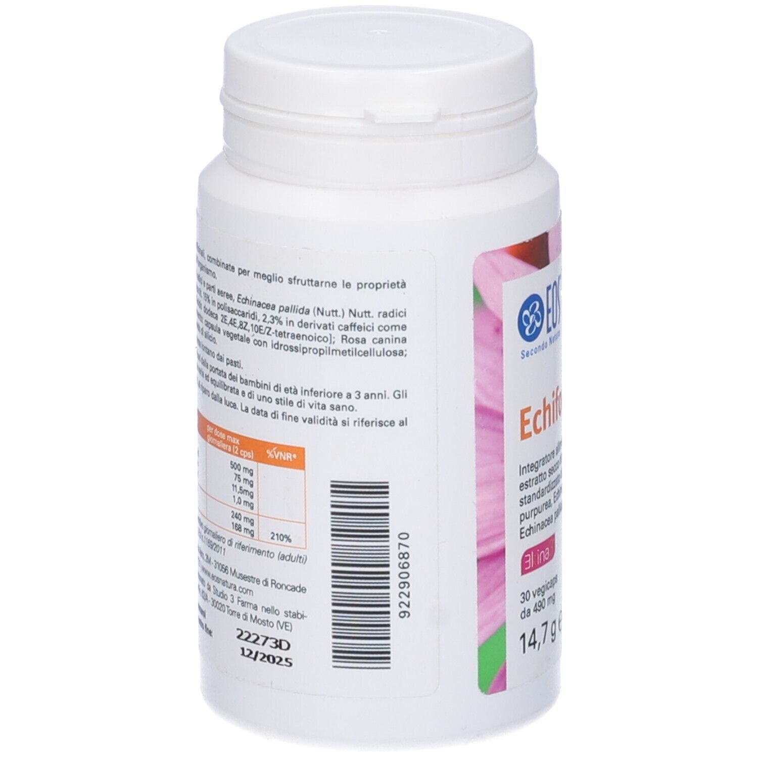 Flacone bianco con tappo a vite. Retro con testo e informazioni nutrizionali. Contiene estratti di echinacea.