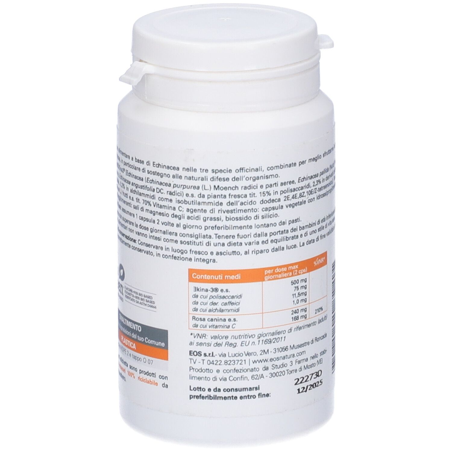 Flacone bianco con tappo a vite. Retro con testo e informazioni nutrizionali. Contiene estratti di echinacea.