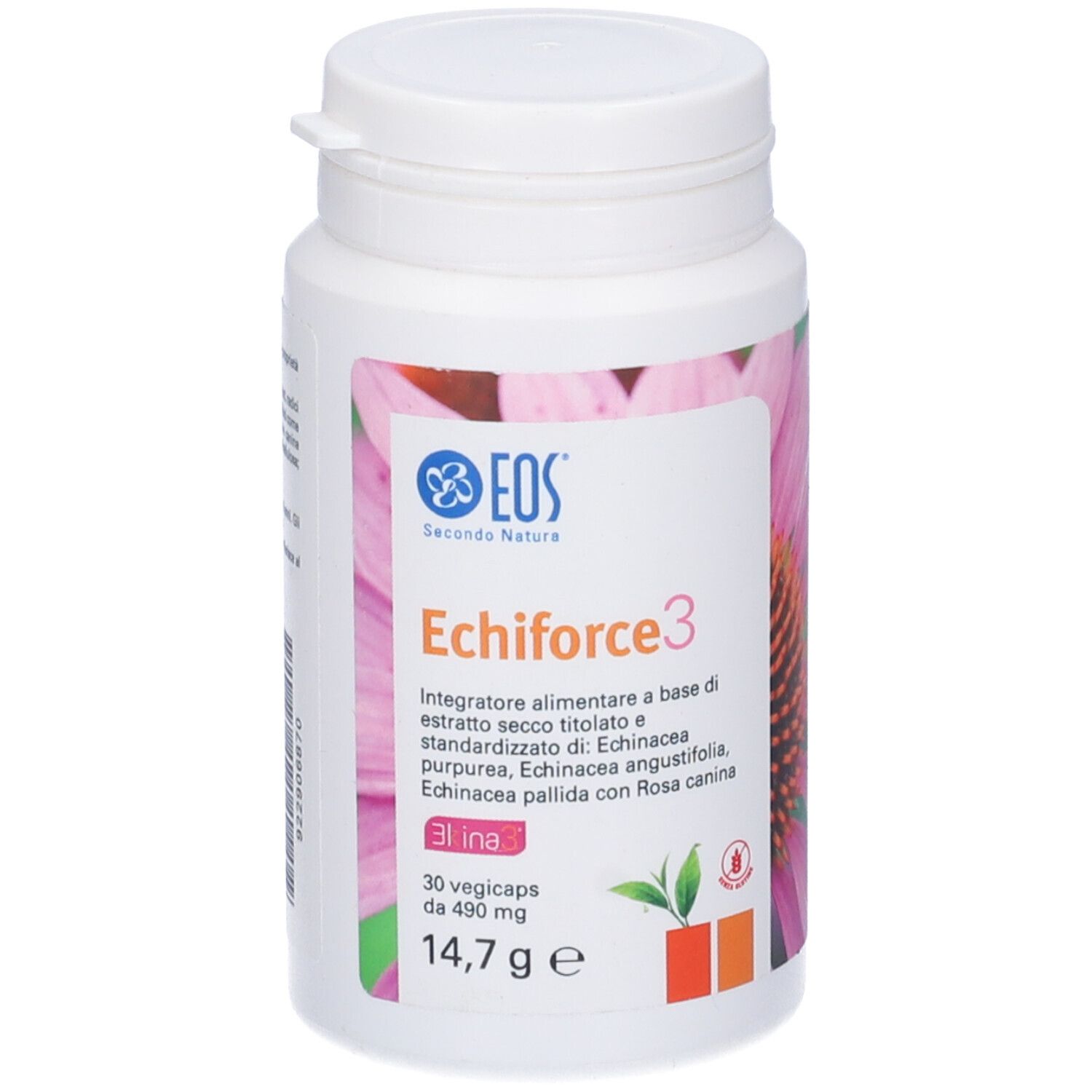 Flacone bianco con tappo a vite. Stampa: Eos Echiforce3, 30 vegicaps. Contiene estratti di echinacea.