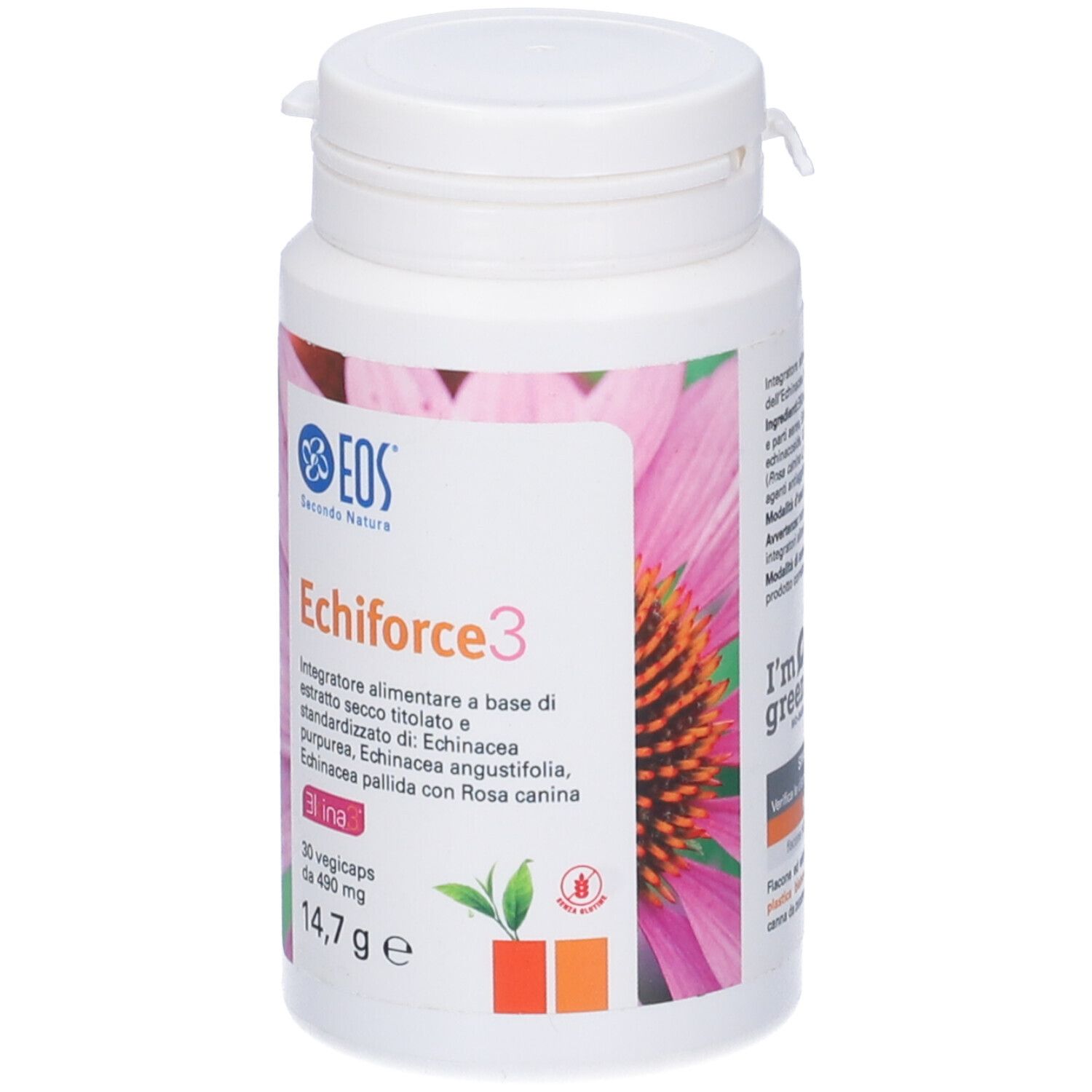 Flacone bianco con tappo a vite. Stampa: Eos Echiforce3, 30 vegicaps. Contiene estratti di echinacea.