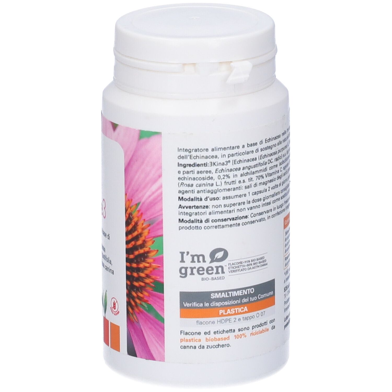 Flacone bianco con tappo a vite. Retro con testo e logo di riciclaggio. Contiene estratti di echinacea.
