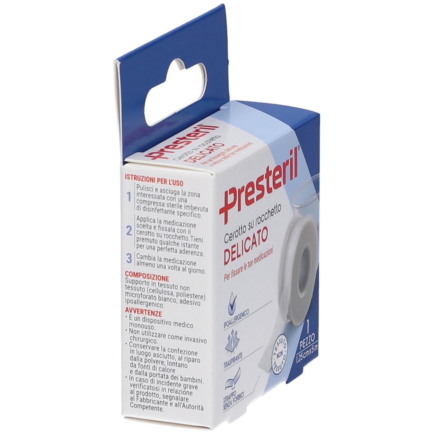 Confezione Presteril Cerotto su Rocchetto. Lato con istruzioni per l'uso. Rotolo di cerotto visibile. Confezione in cartone con gancio.
