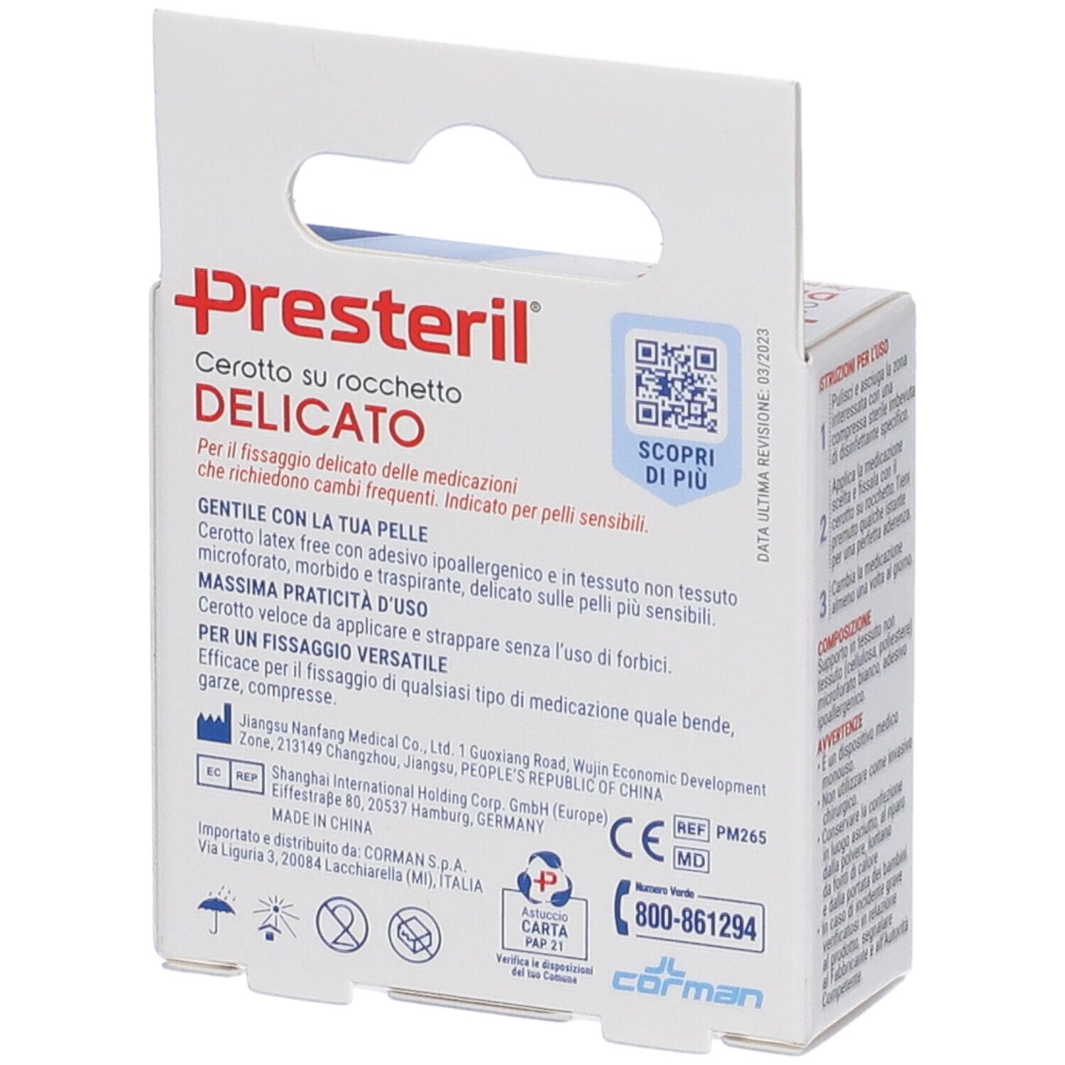 Retro della confezione Presteril Cerotto su Rocchetto. Informazioni prodotto, codice QR. Marchio CE, informazioni produttore.