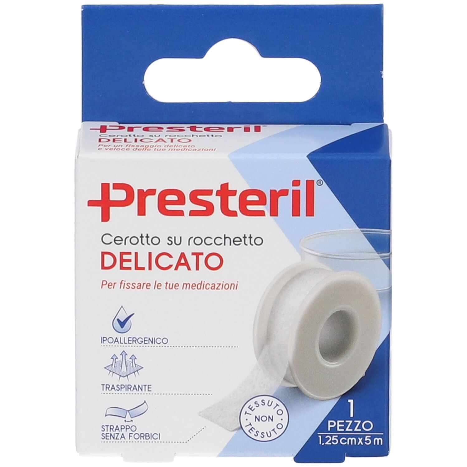 Confezione Presteril Cerotto su Rocchetto. Rotolo di cerotto, 1,25cm x 5m. Cerotto bianco su rotolo, confezione in cartone. Ipoallergenico.