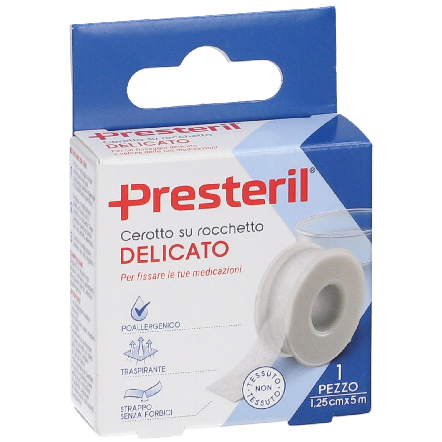 Confezione Presteril Cerotto su Rocchetto. Rotolo di cerotto, 1,25cm x 5m. Cerotto bianco su rotolo, confezione in cartone.