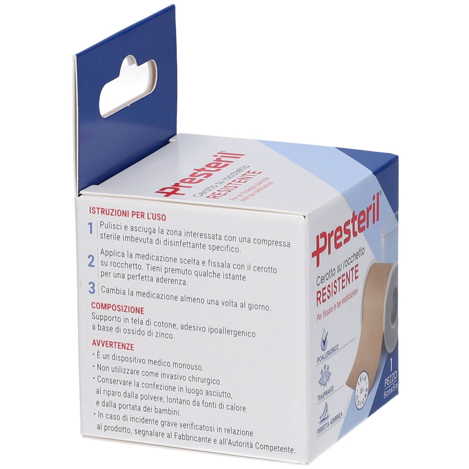 Confezione Presteril, rotolo di cerotto. Testo: Cerotto su rocchetto RESISTENTE. Istruzioni e ingredienti. Tessuto di cotone, adesivo ipoallergenico.