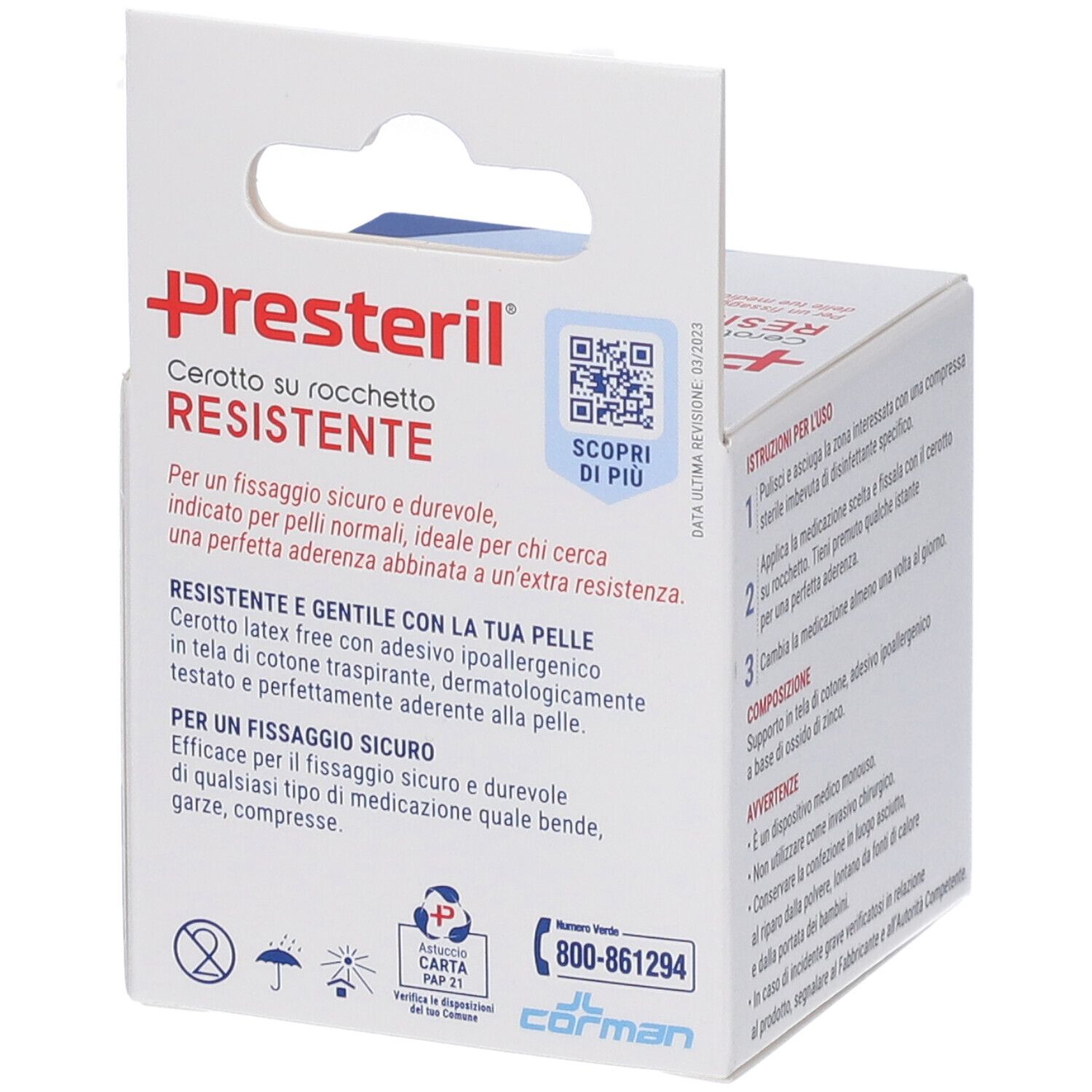 Confezione Presteril, rotolo di cerotto. Testo: Cerotto su rocchetto RESISTENTE. Codice QR. Numero di telefono. Informazioni sulla durata e testato dermatologicamente.