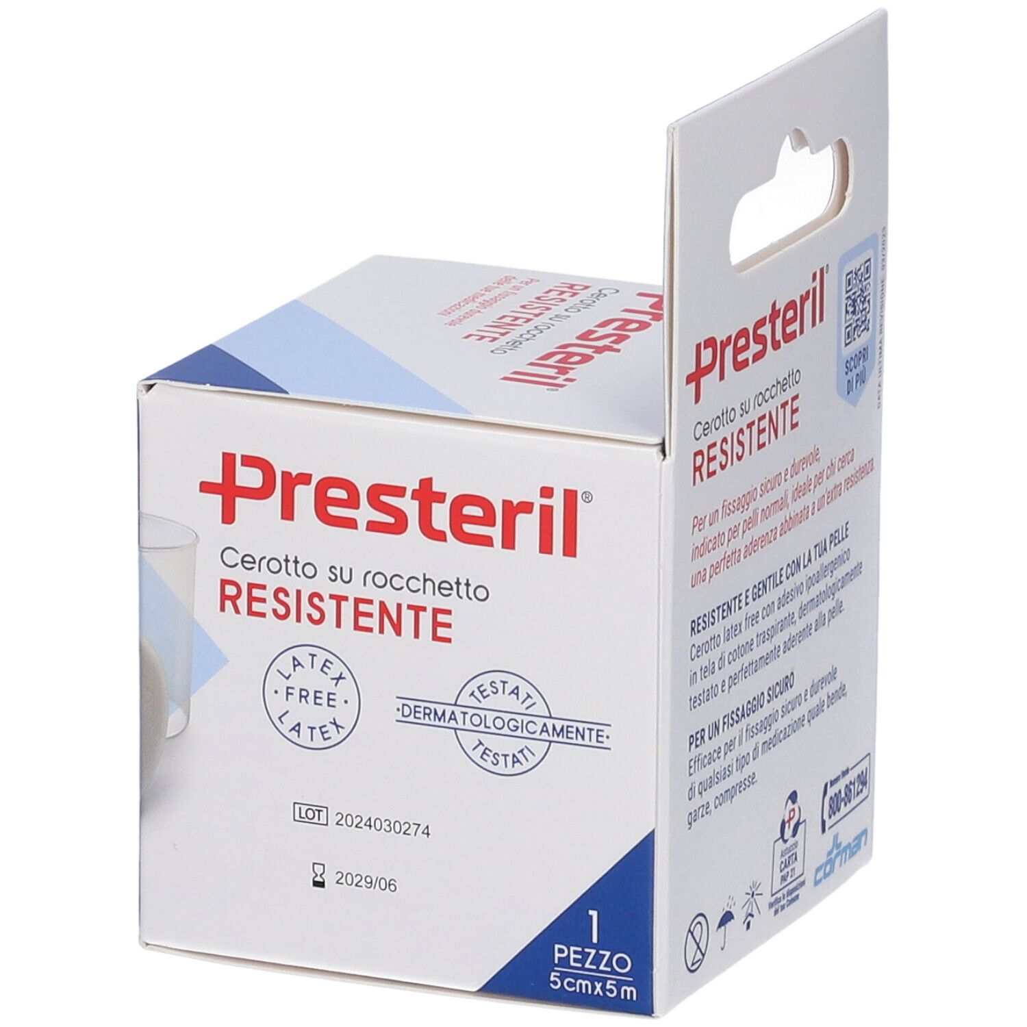 Confezione Presteril, rotolo di cerotto. Testo: Cerotto su rocchetto RESISTENTE. 5cm x 5m. Senza lattice. Dermatologicamente testato. Numero di lotto e scadenza.