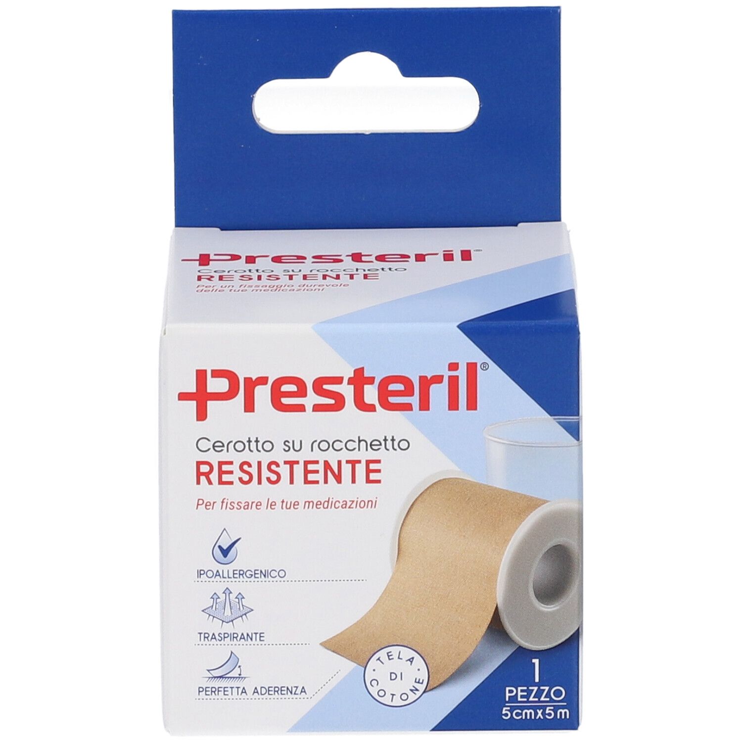 Confezione Presteril, rotolo di cerotto. Testo: Cerotto su rocchetto RESISTENTE. 5cm x 5m. Caratteristiche: ipoallergenico, traspirante, perfetta aderenza.