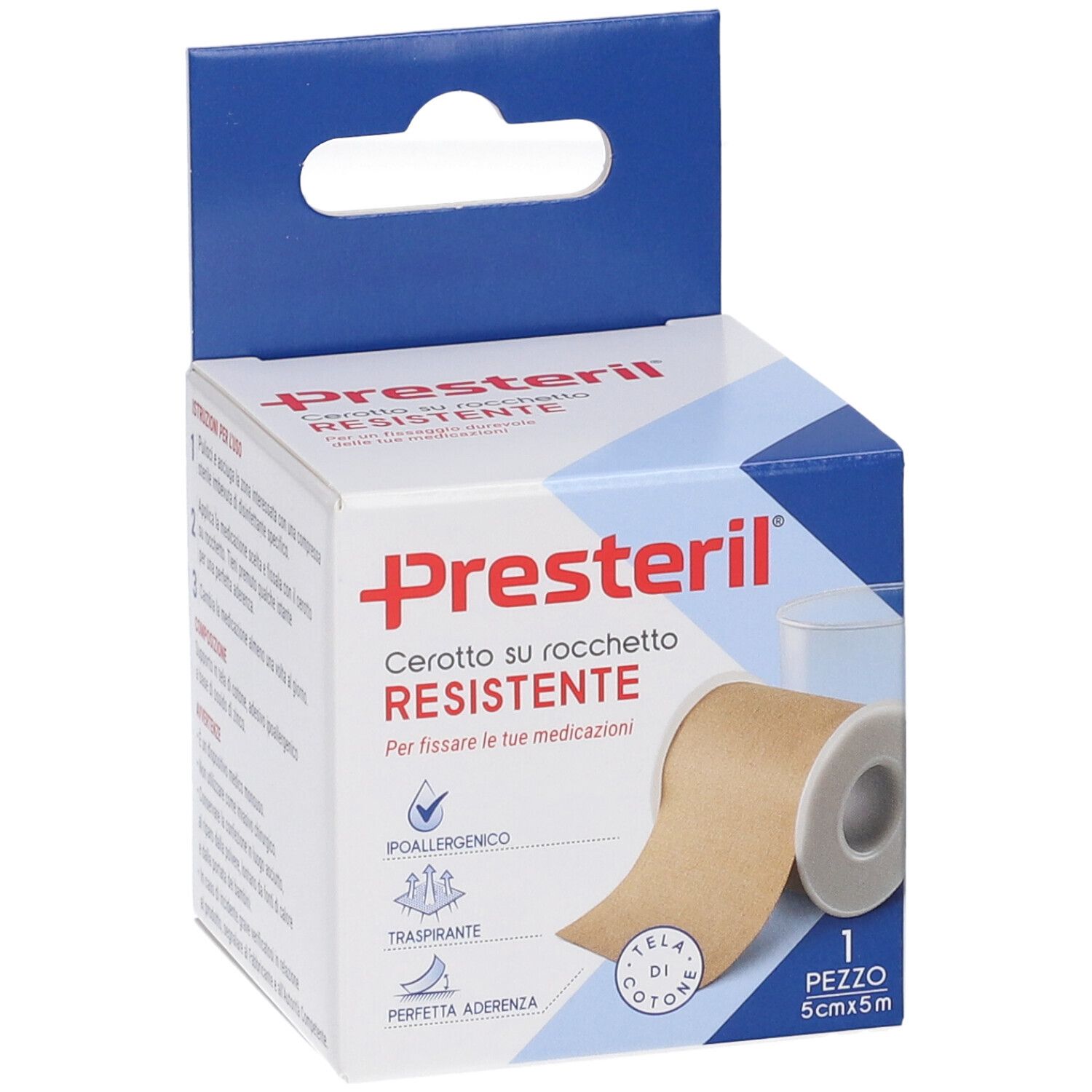 Confezione Presteril, rotolo di cerotto. Testo: Cerotto su rocchetto RESISTENTE. 5cm x 5m. Caratteristiche: ipoallergenico, traspirante, perfetta aderenza.